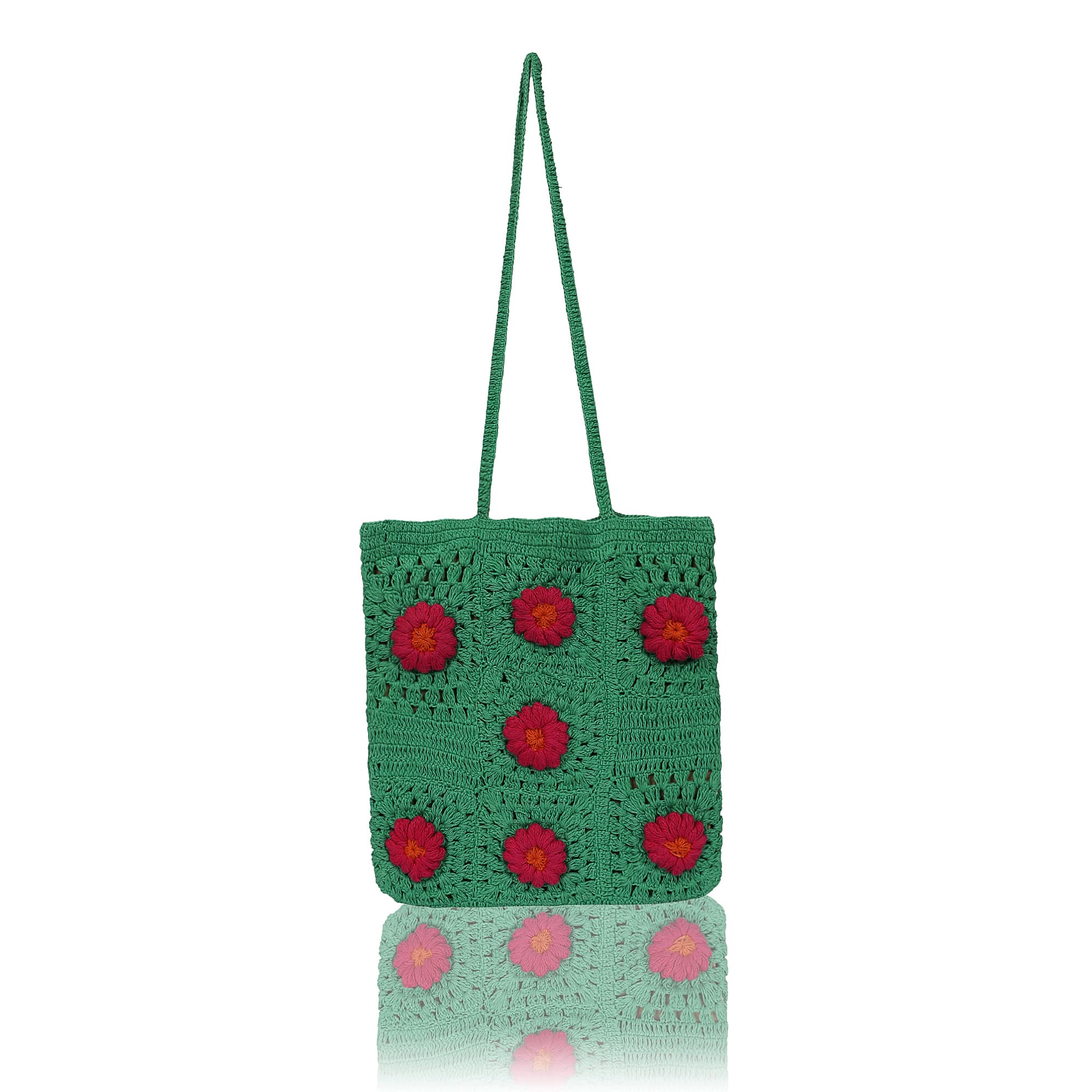 GREEN RED  CROCHET TOTE BAG