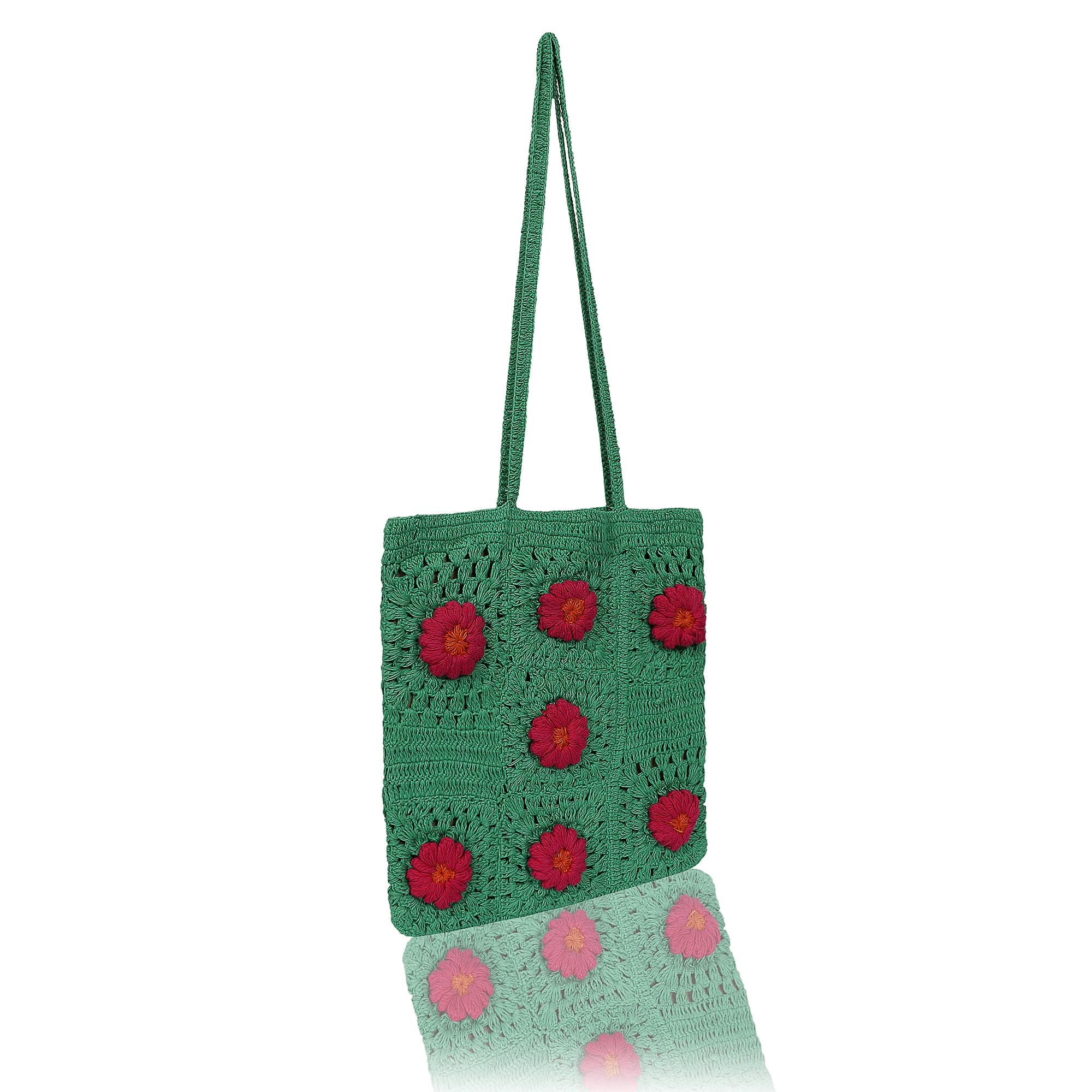 GREEN RED  CROCHET TOTE BAG