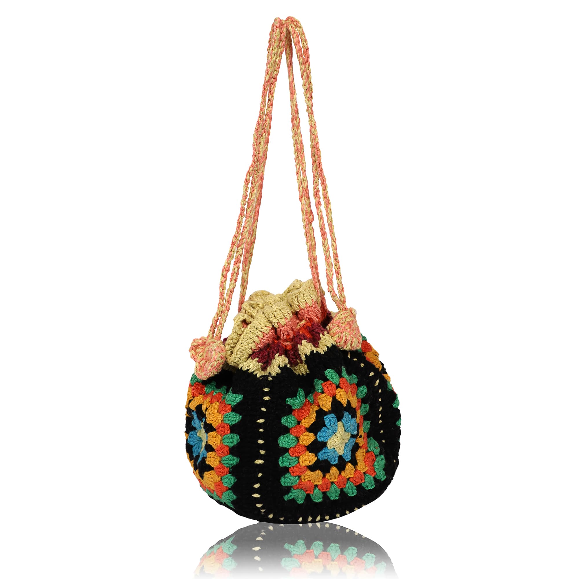 BLACK MULTI CROCHET BUCKET BAG