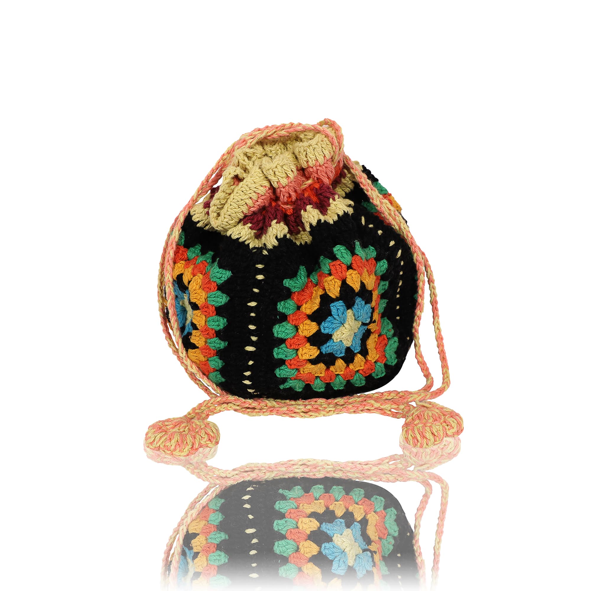 BLACK MULTI CROCHET BUCKET BAG