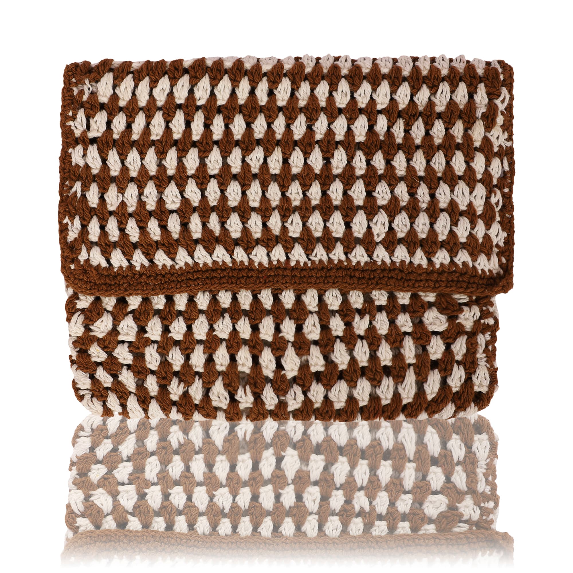 BROWN AND WHITE CROCHET CLUTCH BAG