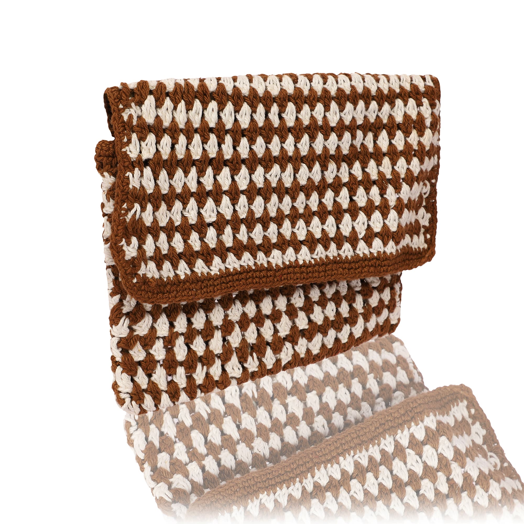 BROWN AND WHITE CROCHET CLUTCH BAG