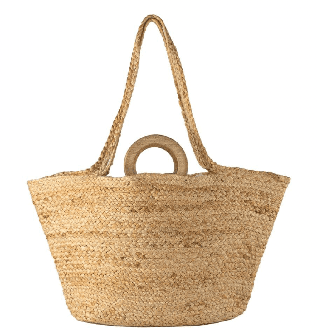 NATURAL BRAIDED JUTE TOTE BAG WITH WOODEN HANDLES