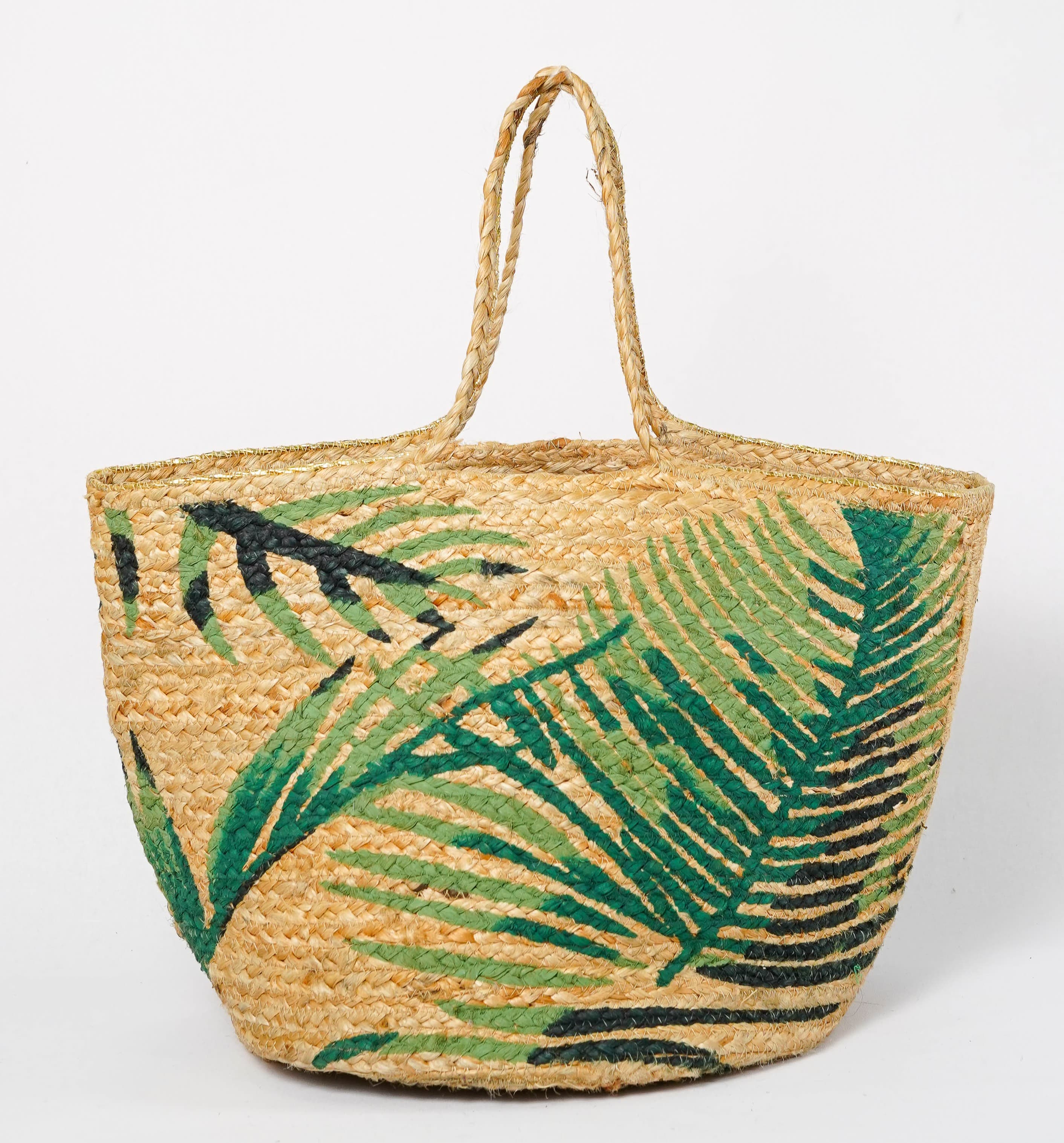 LEAF PRINT BRAIDED JUTE BEACH BAG