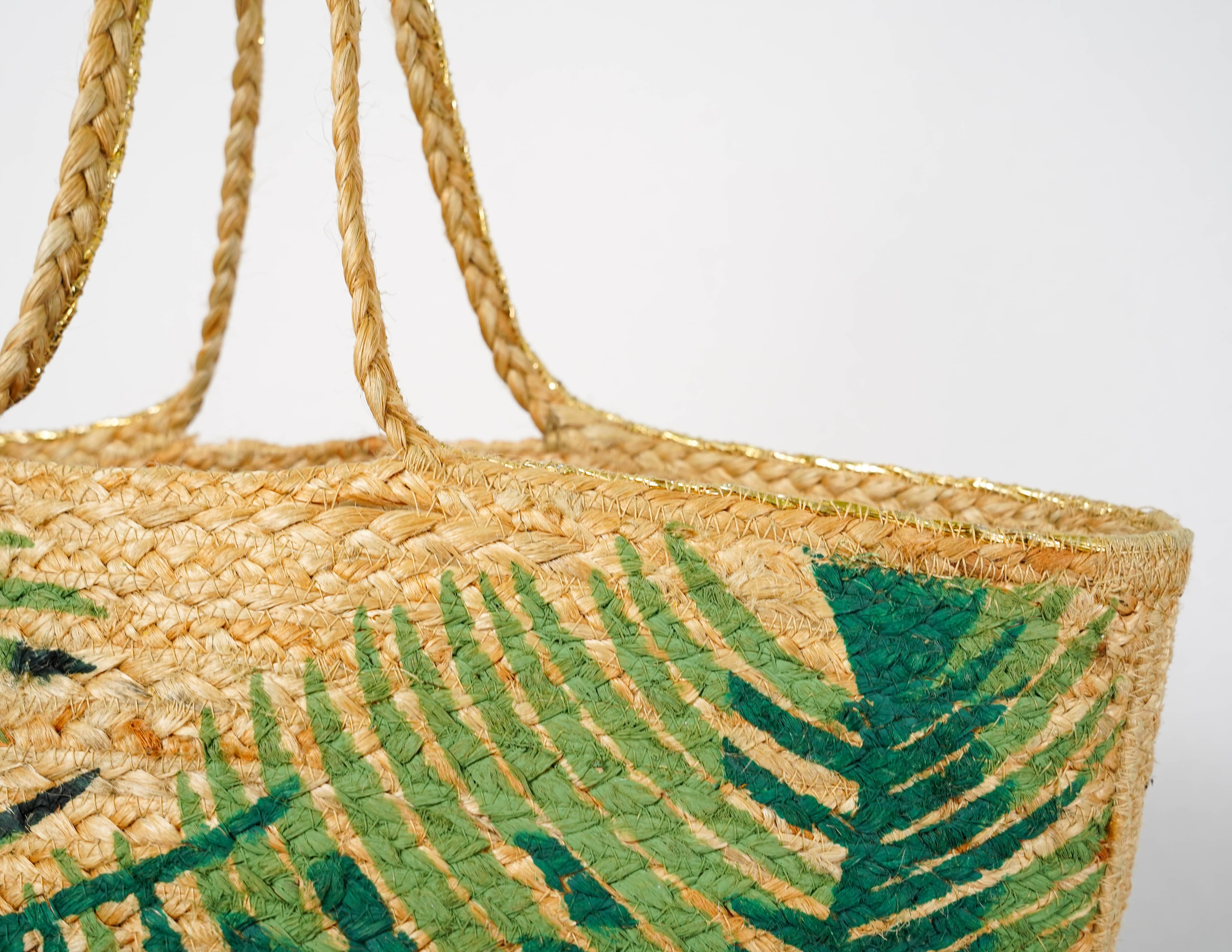 LEAF PRINT BRAIDED JUTE BEACH BAG