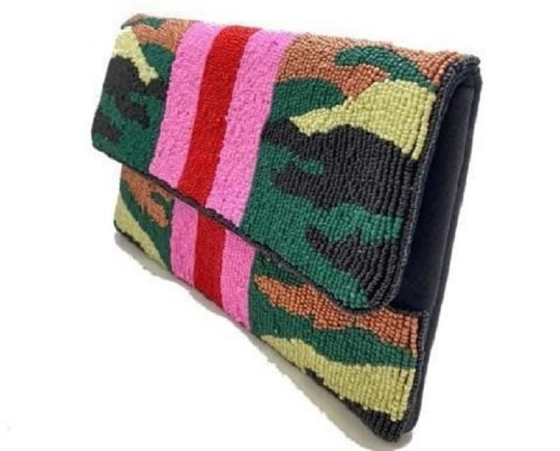 GREEN CAMO DESIGN BEADED CLUTCH BAG