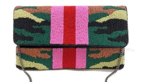 GREEN CAMO DESIGN BEADED CLUTCH BAG