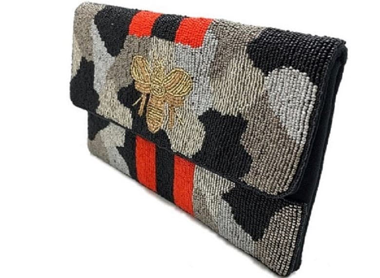 BEE AND CAMO DESIGN BEADED CLUTCH BAG