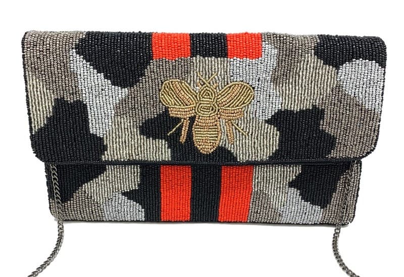 BEE AND CAMO DESIGN BEADED CLUTCH BAG