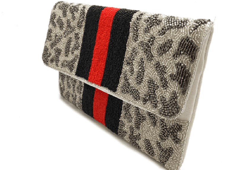 LEOPARD  DESIGN BEADED CLUTCH BAG