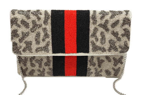 LEOPARD  DESIGN BEADED CLUTCH BAG