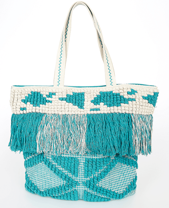 TURQUOISE HAND WOVEN FRINGES TOTE MIDNIGHT