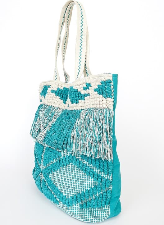 TURQUOISE HAND WOVEN FRINGES TOTE MIDNIGHT