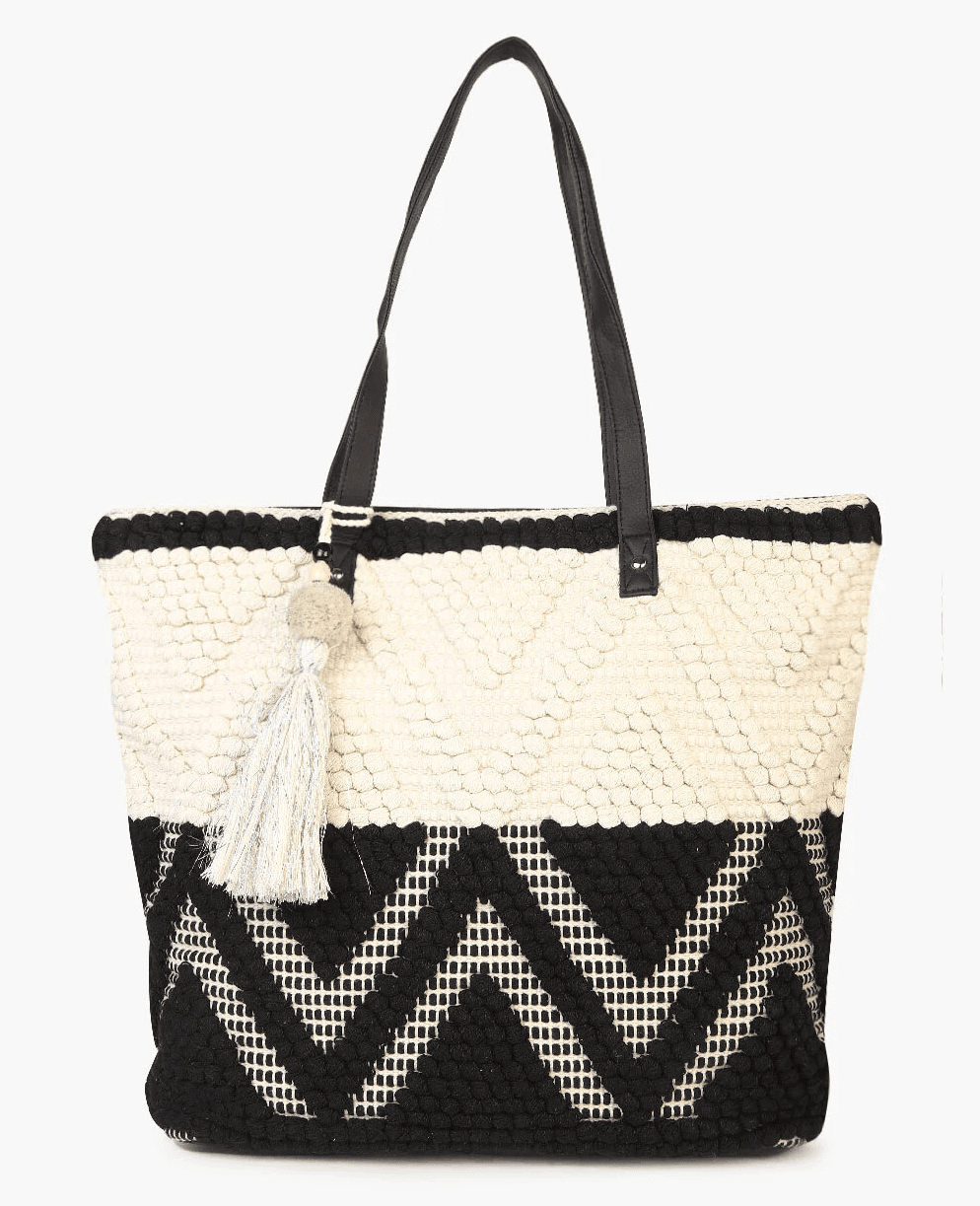 WHITE  AND BLACK HAND WOVEN TOTE