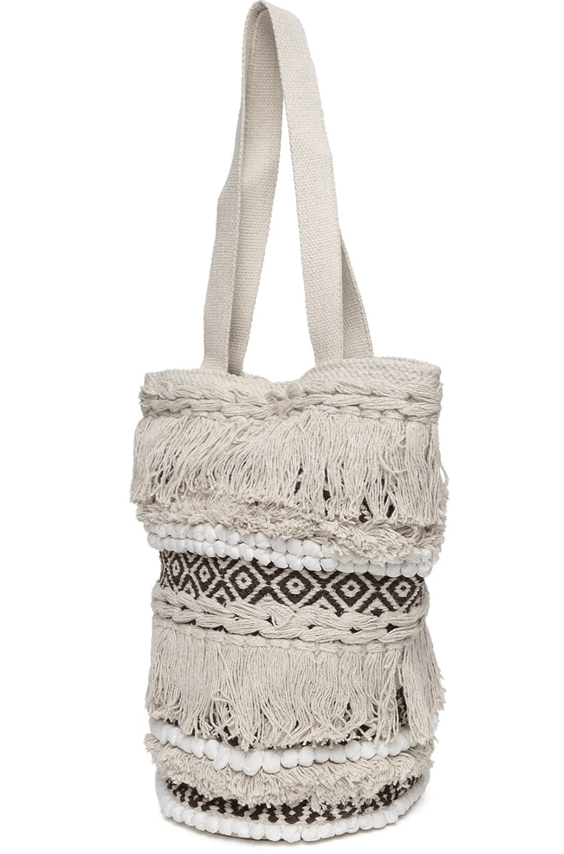 WOVEN  PATTERN TOTE WITH FRINGES