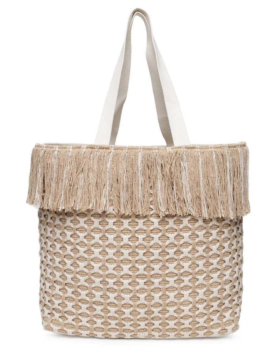 BEIGE AND WHITE WOVEN TOTE BAG