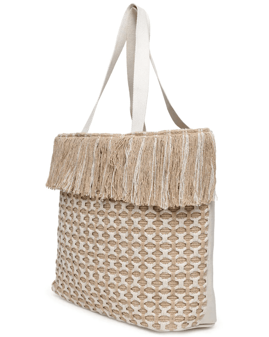 BEIGE AND WHITE WOVEN TOTE BAG