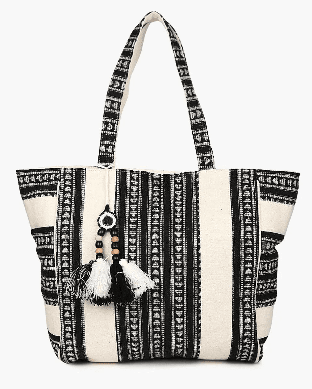 BLACK AND WHITE TOTE BAG WITH TASSESL
