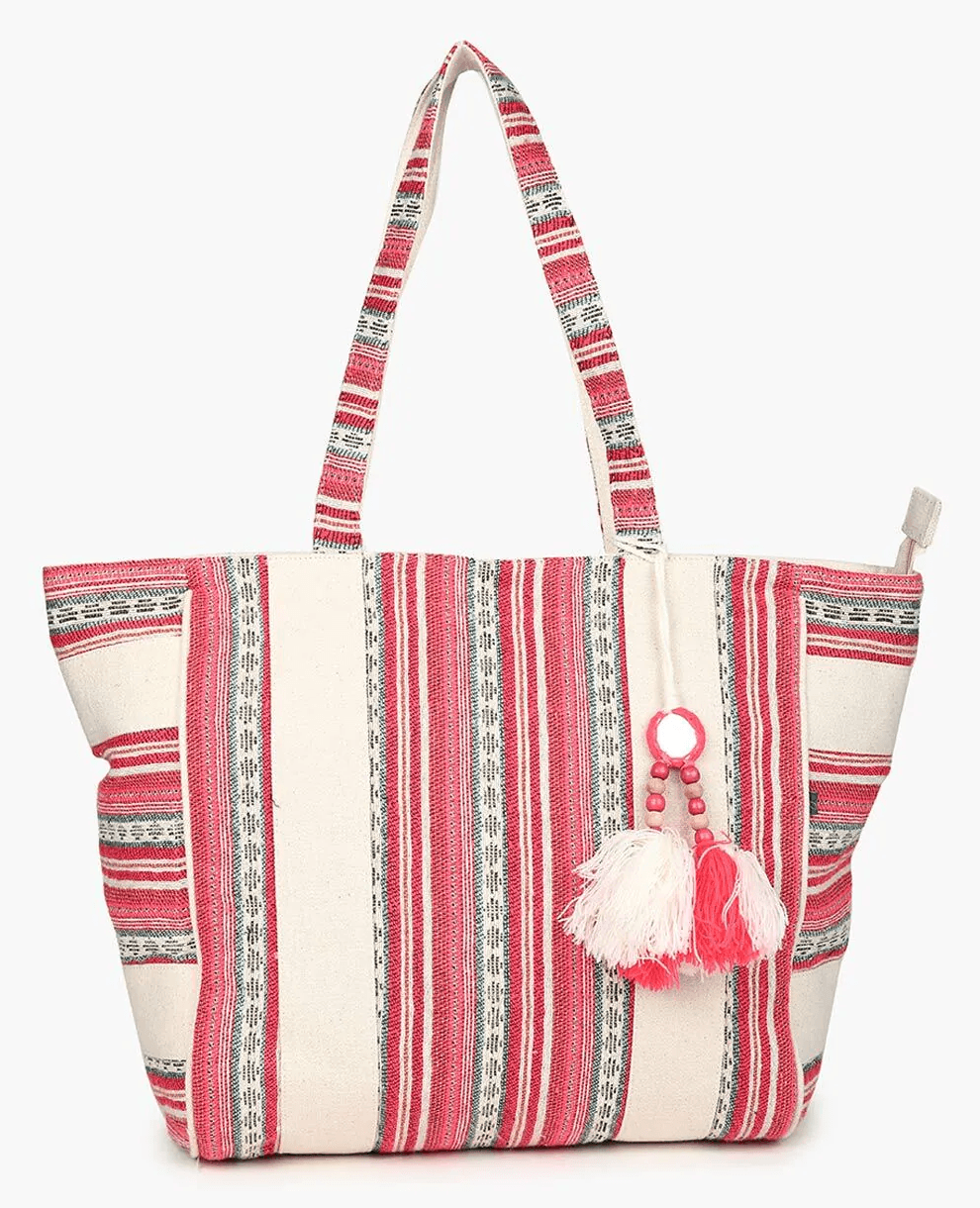 RED AND WHITE TOTE BAG WITH TASSESL