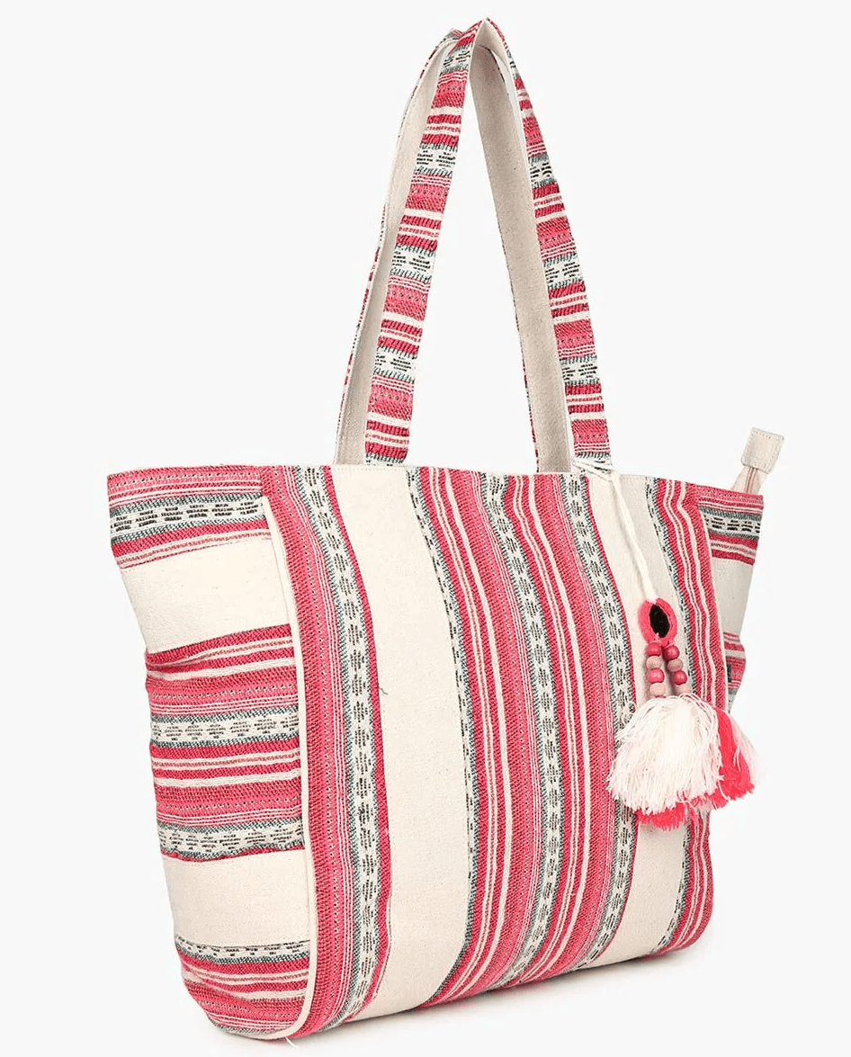 RED AND WHITE TOTE BAG WITH TASSESL