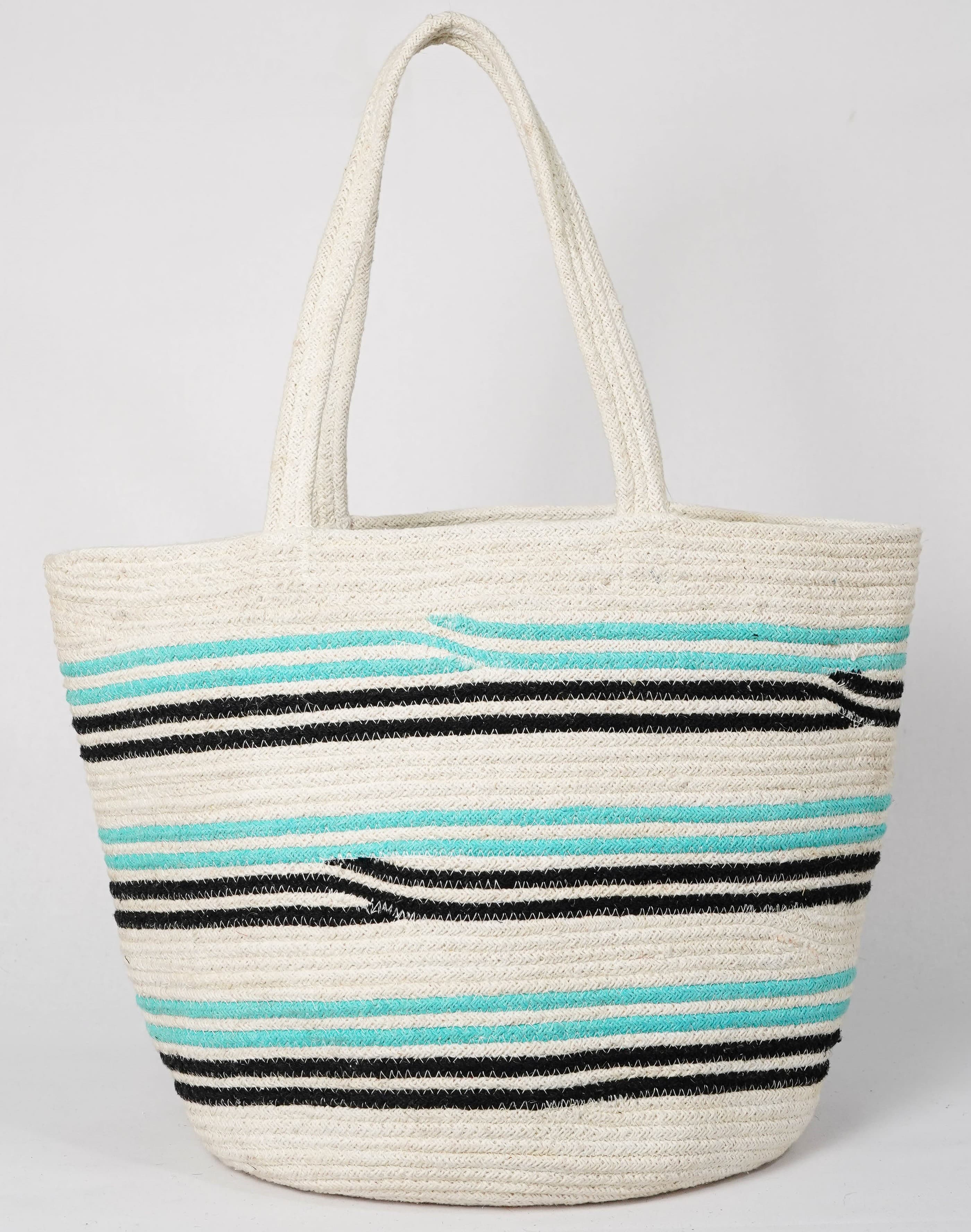 TURQ BLACK AND WHITE STRIPES WOVEN BEACH BAG