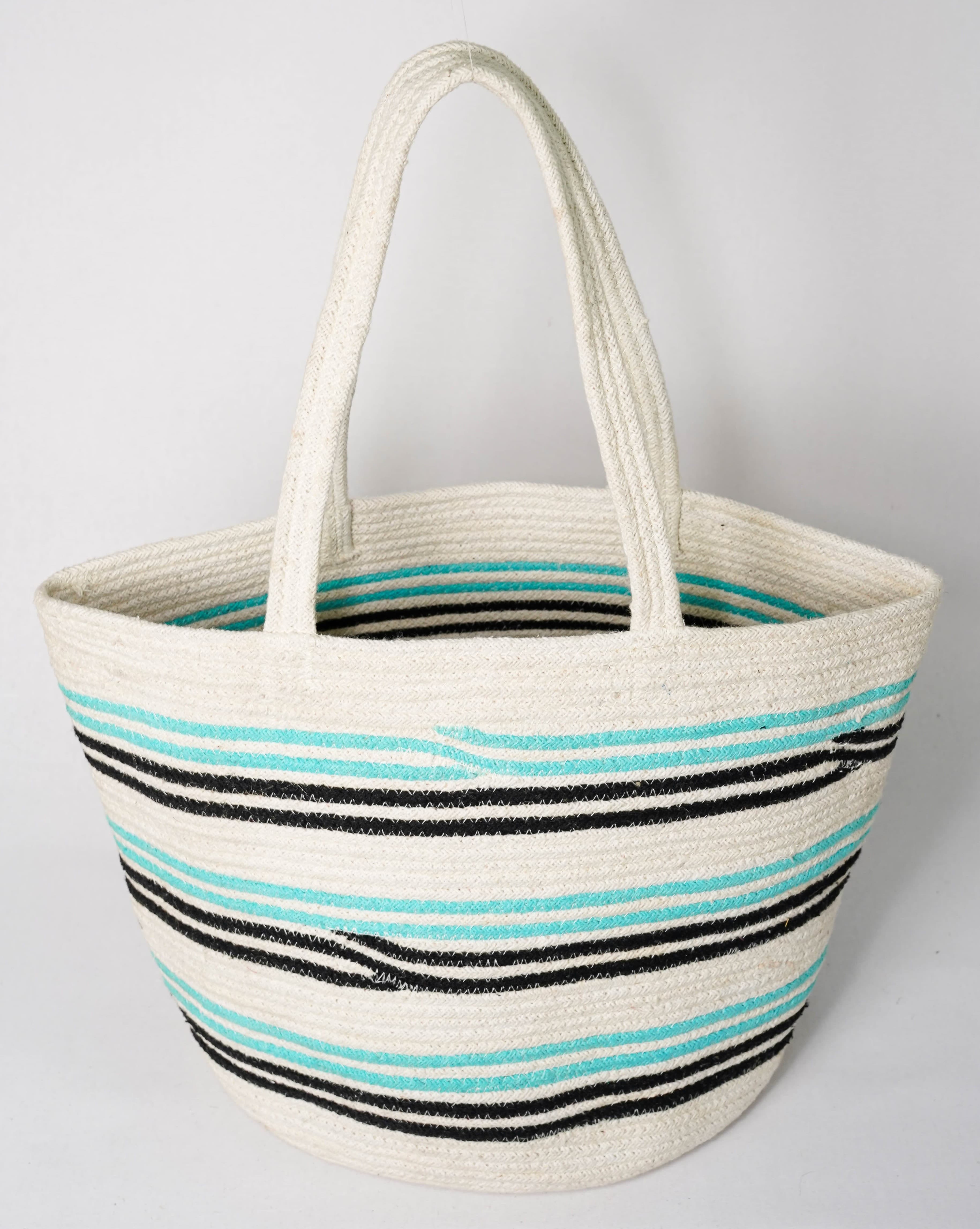 TURQ BLACK AND WHITE STRIPES WOVEN BEACH BAG