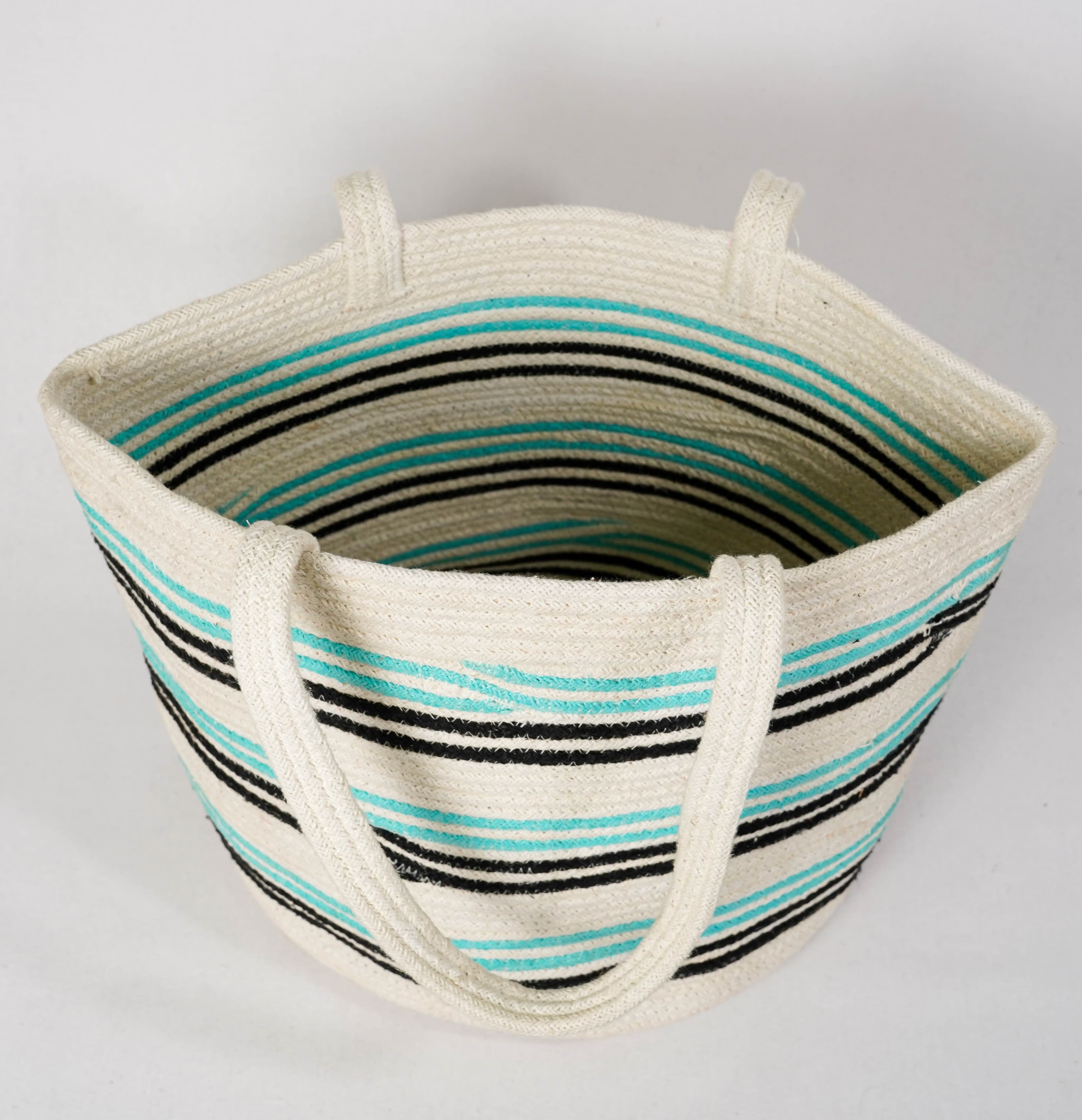 TURQ BLACK AND WHITE STRIPES WOVEN BEACH BAG