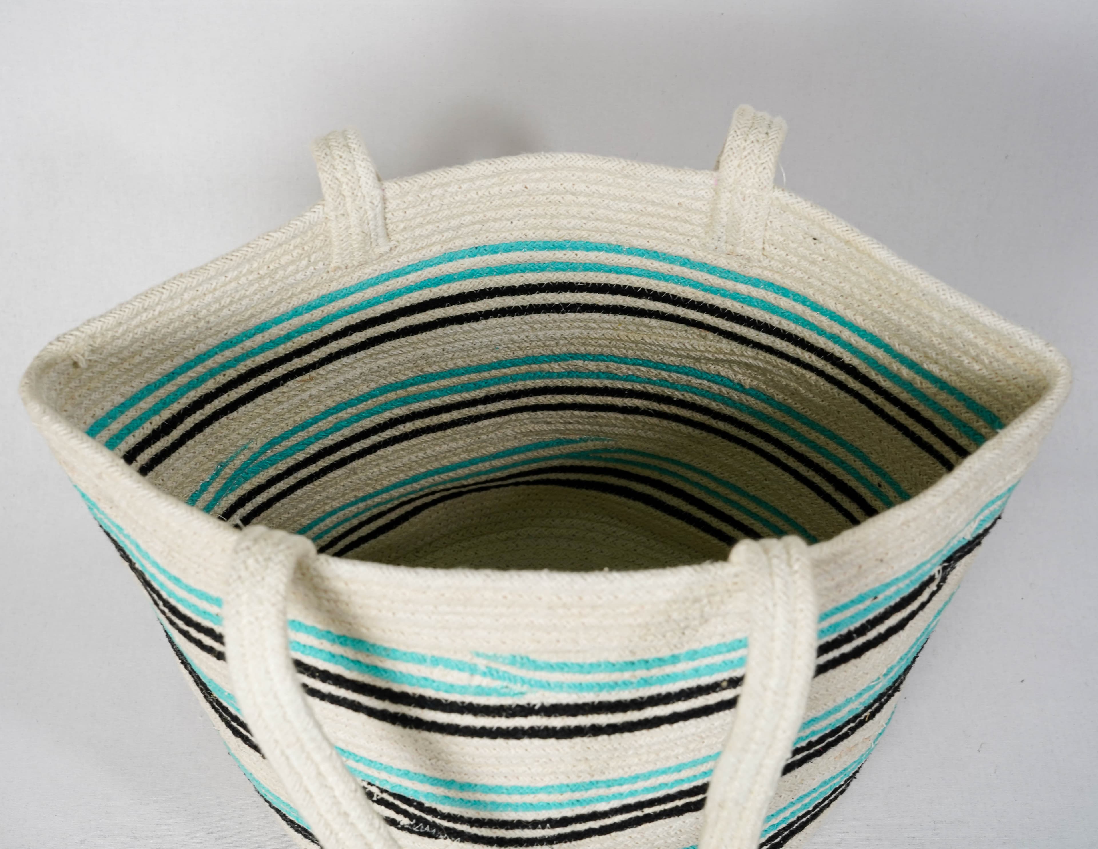 TURQ BLACK AND WHITE STRIPES WOVEN BEACH BAG