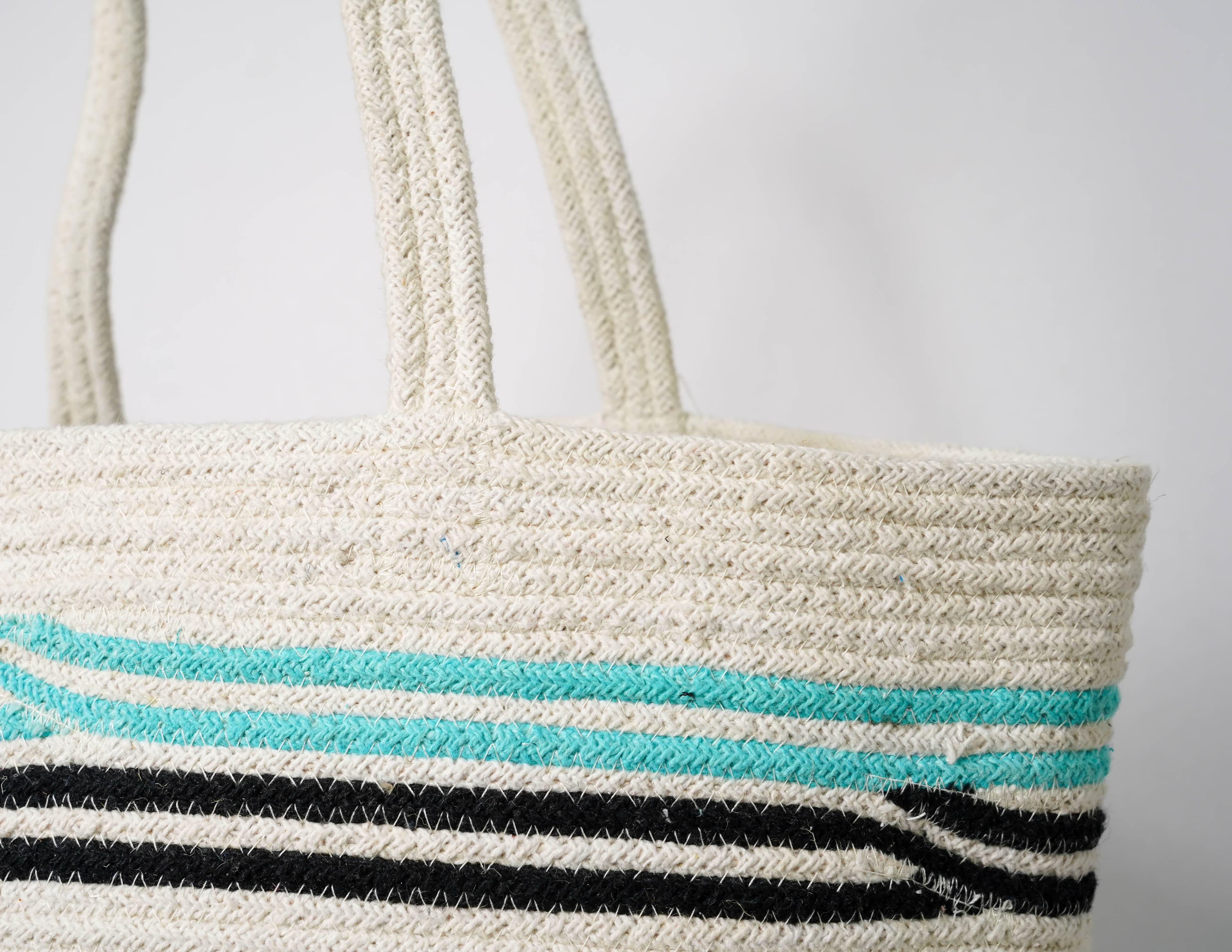 TURQ BLACK AND WHITE STRIPES WOVEN BEACH BAG