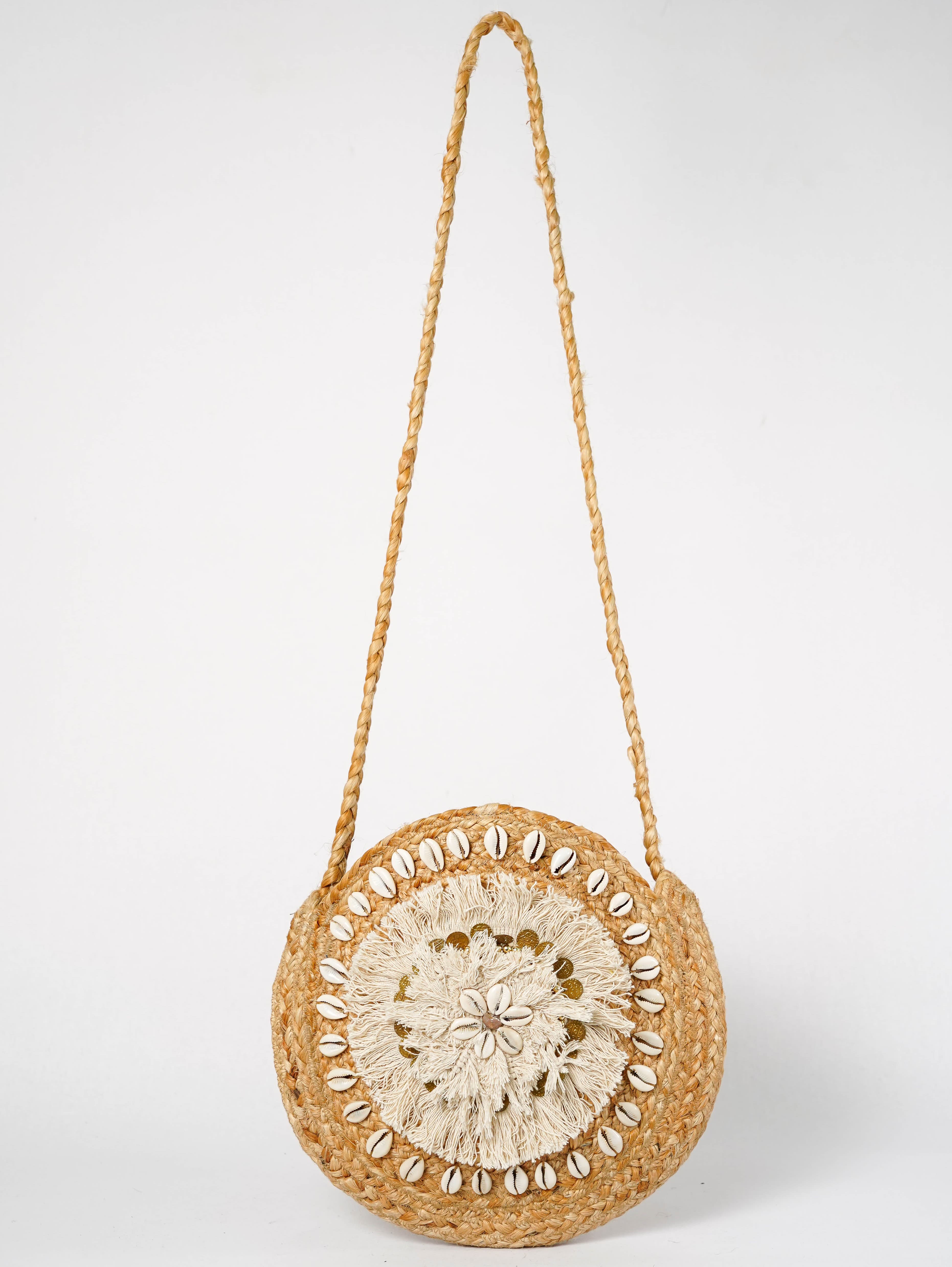 ROUND EMBELLISHED JUTE CROSSBODY BAG