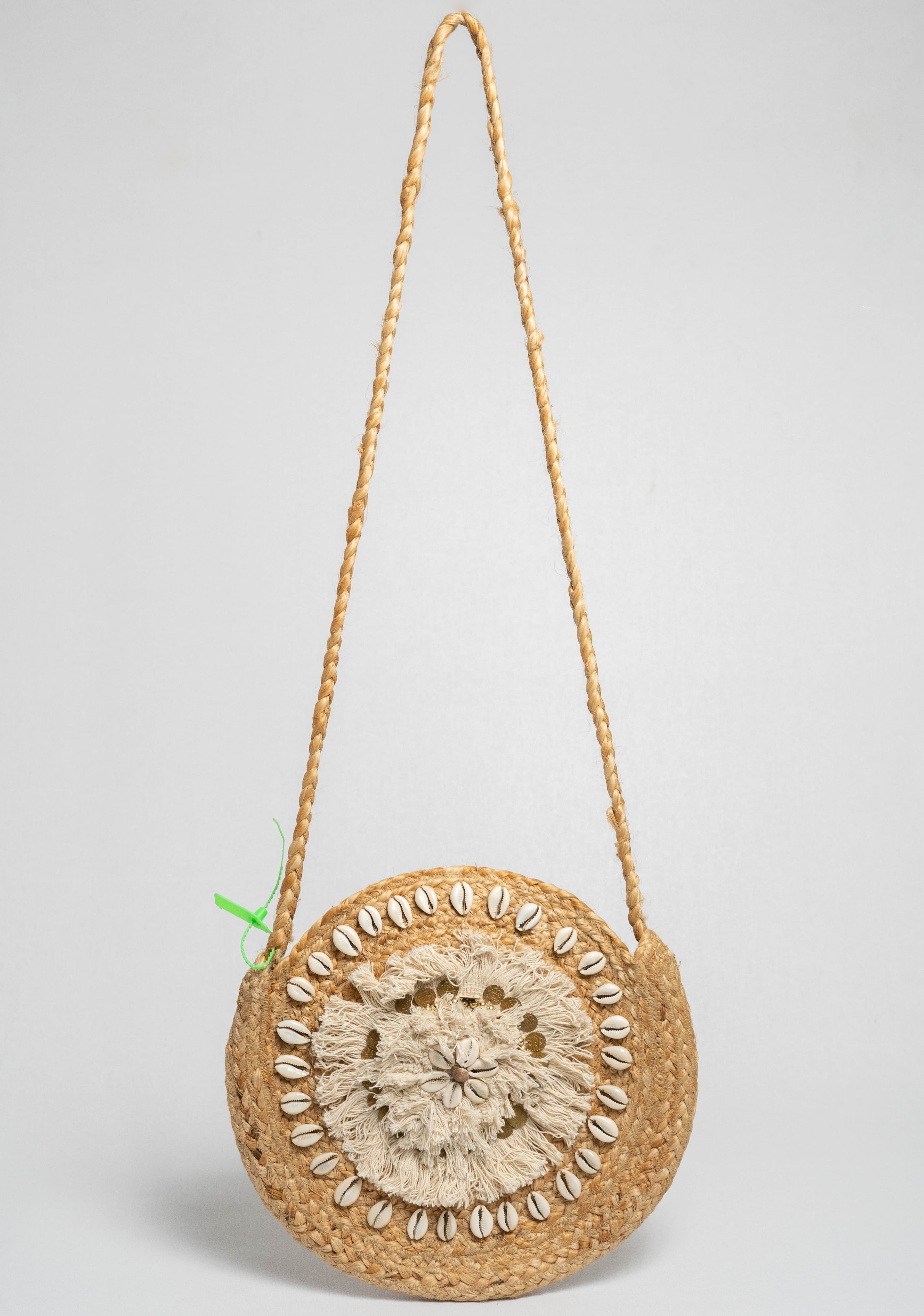 ROUND EMBELLISHED JUTE CROSSBODY BAG