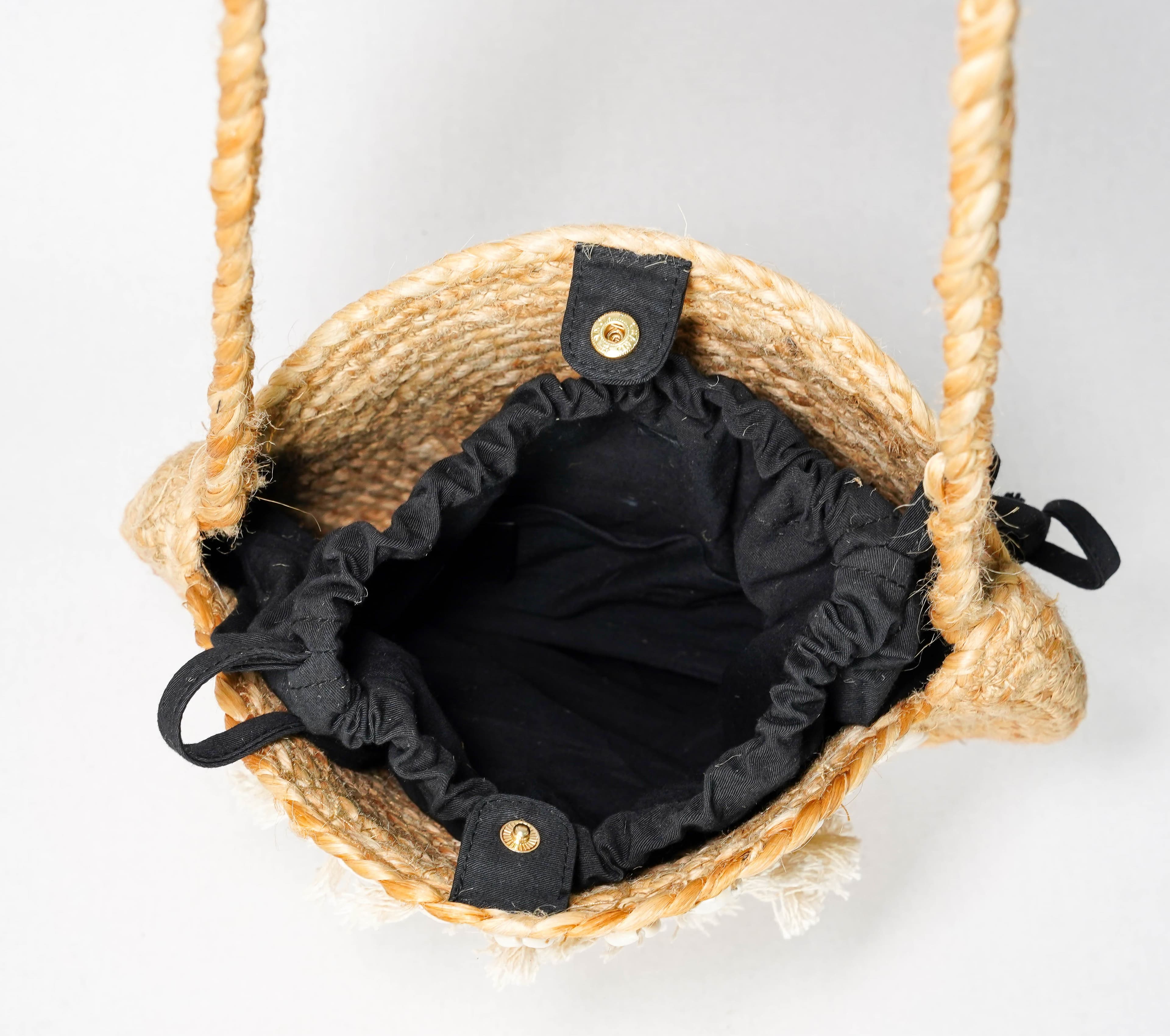 ROUND EMBELLISHED JUTE CROSSBODY BAG