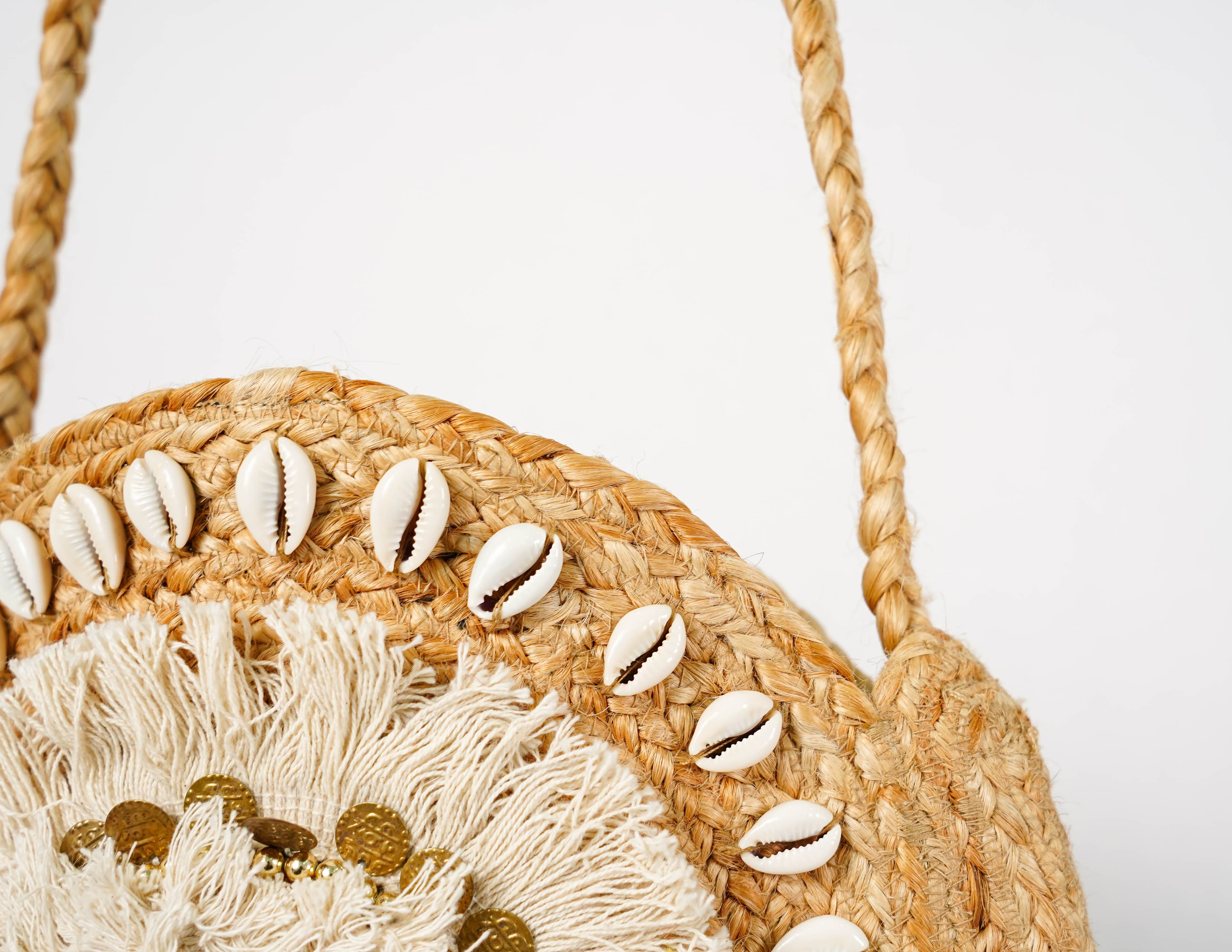 ROUND EMBELLISHED JUTE CROSSBODY BAG