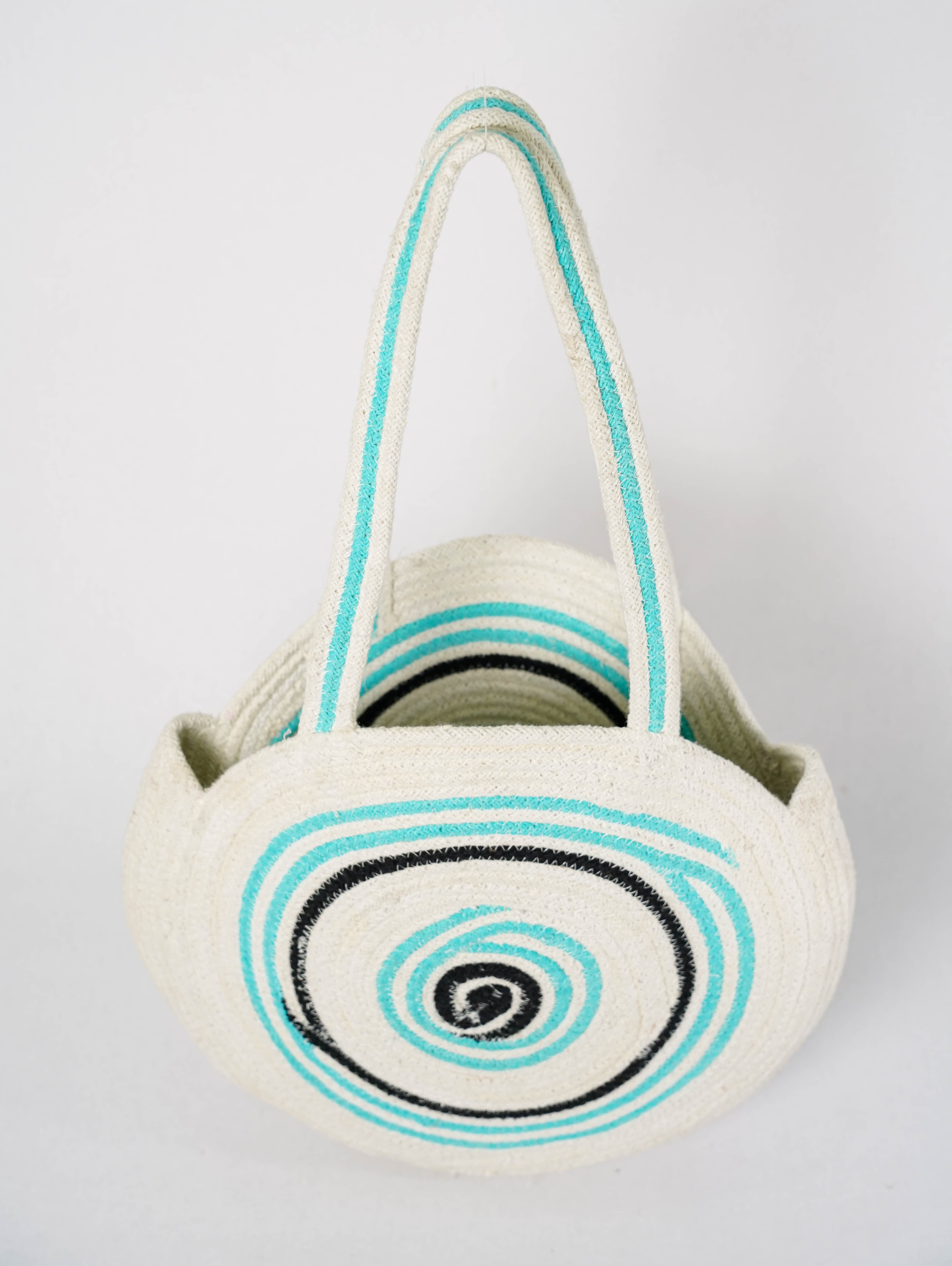 TURQ BLACK AND WHITE STRIPES WOVEN ROUND BAG