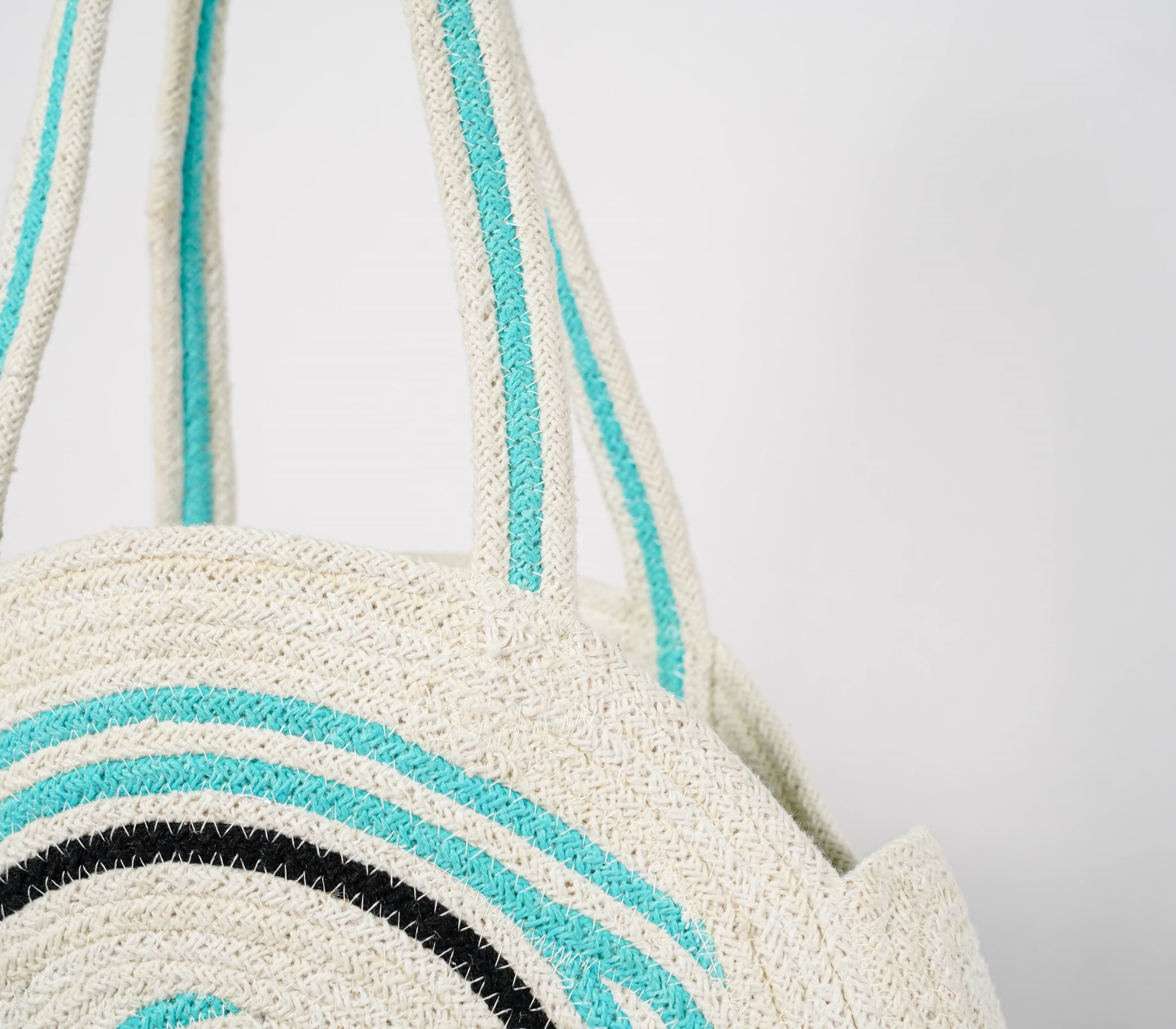 TURQ BLACK AND WHITE STRIPES WOVEN ROUND BAG