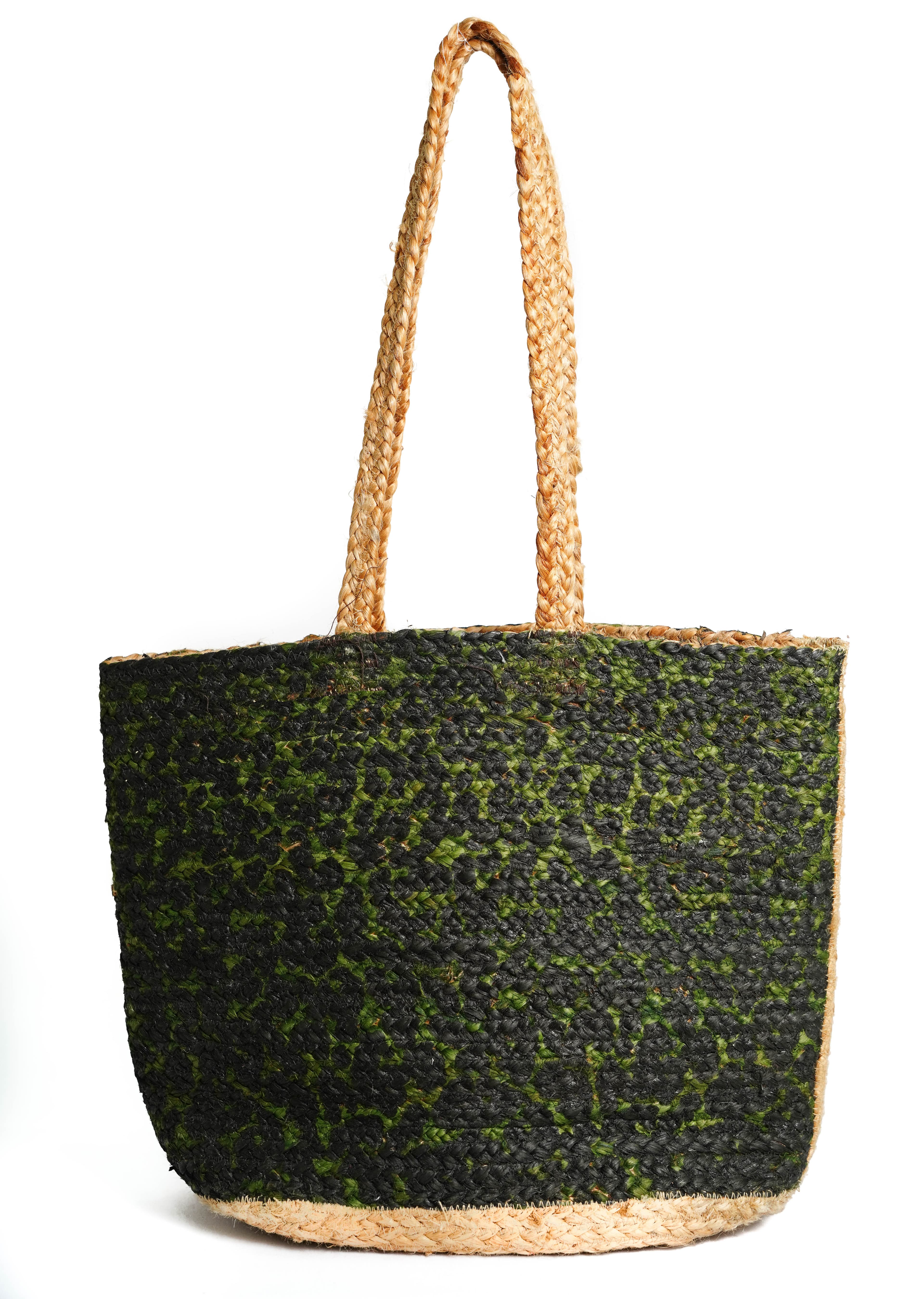GREEN LEOPARD PRINT JUTE TOTE BAG