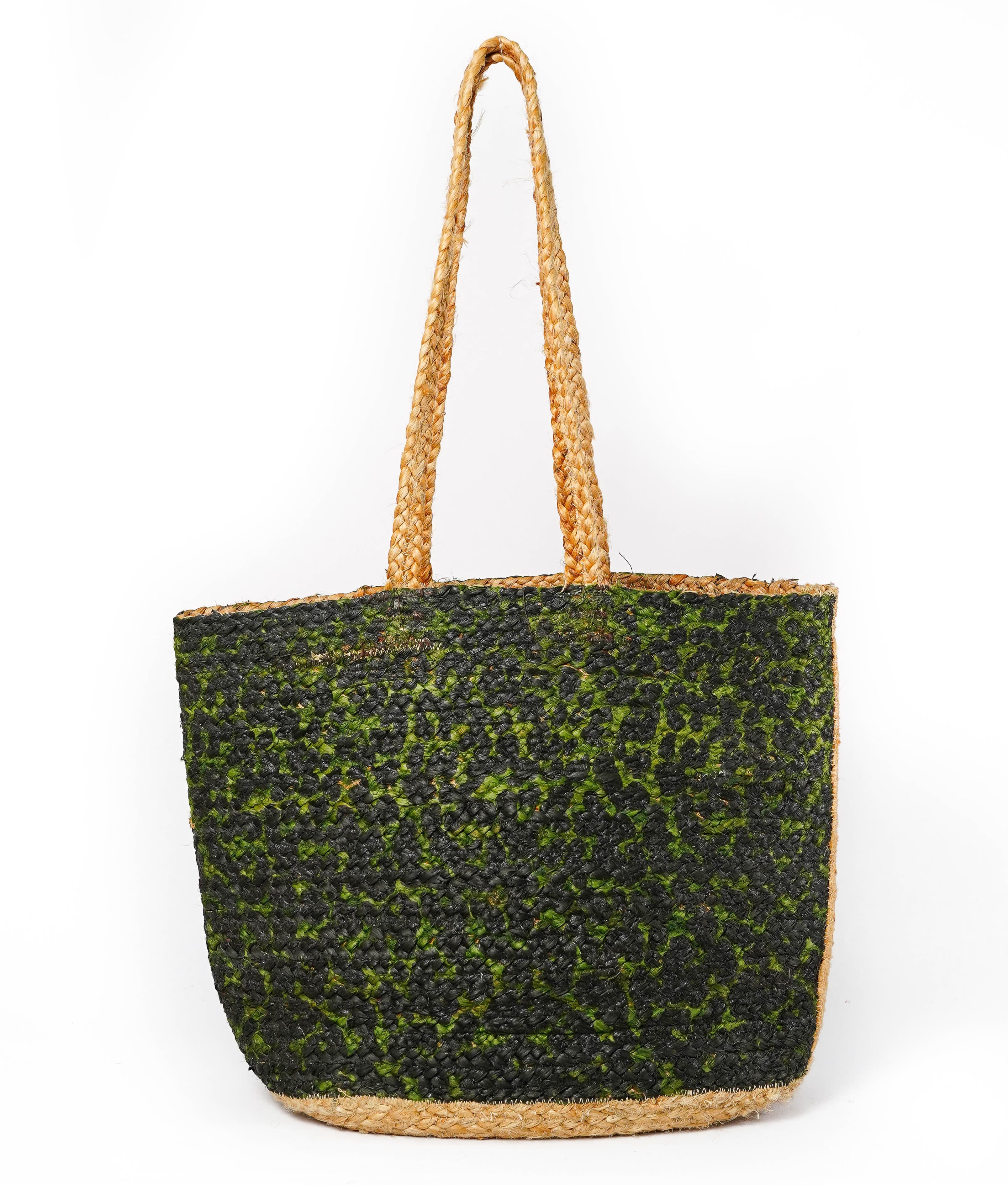 GREEN LEOPARD PRINT JUTE TOTE BAG