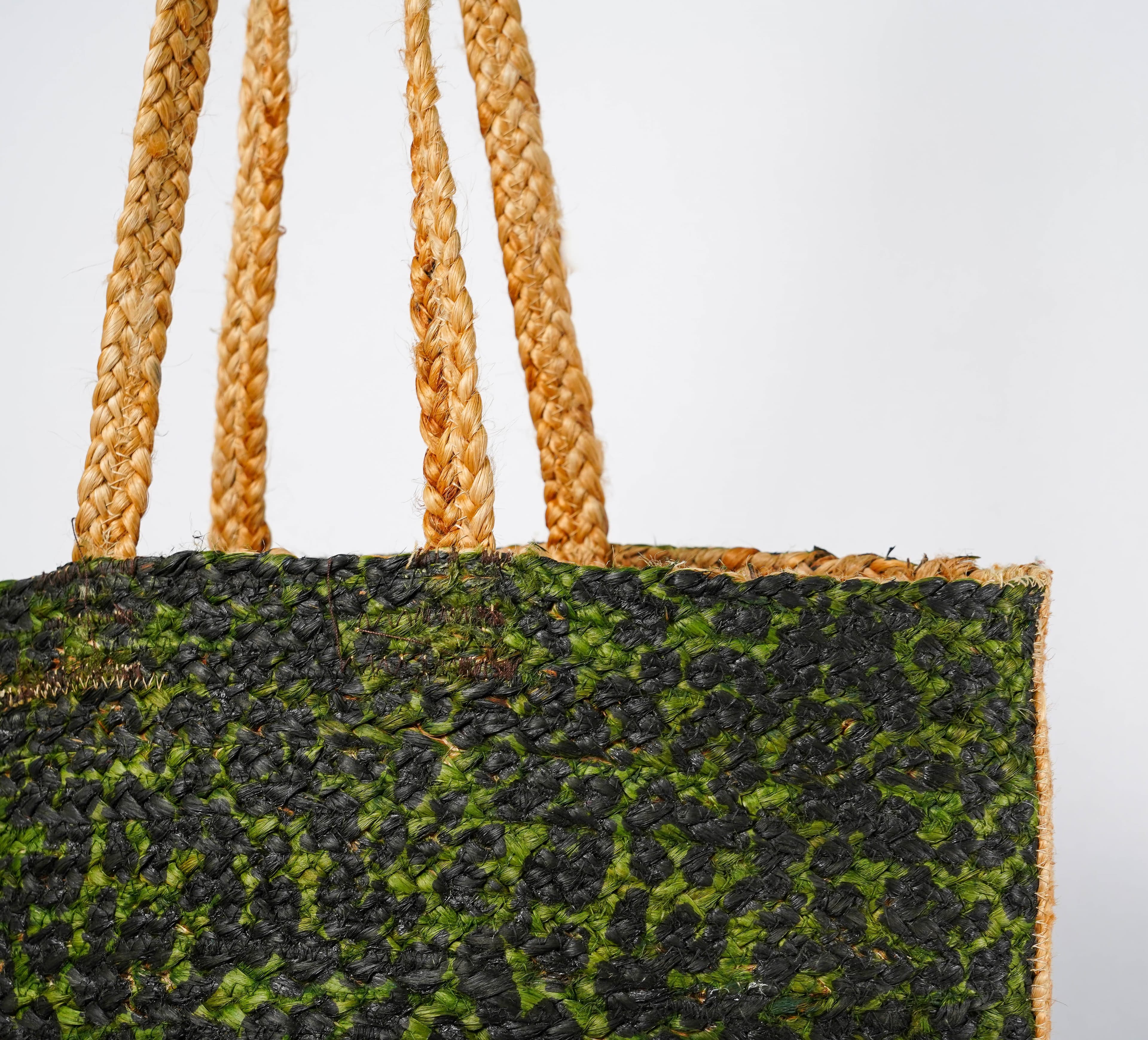 GREEN LEOPARD PRINT JUTE TOTE BAG