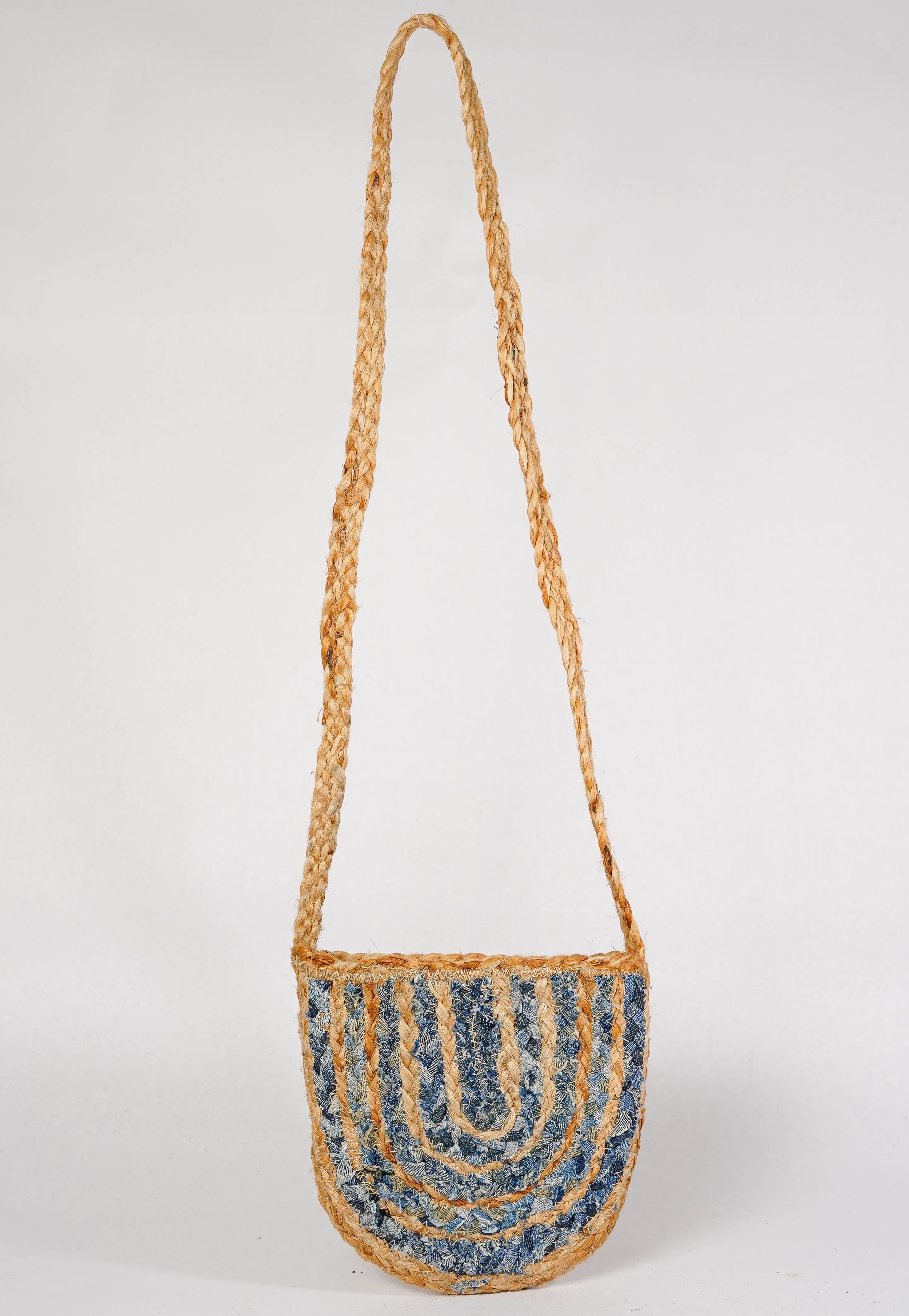 DENIM AND JUTE BRAIDED CROSSBODY BAG