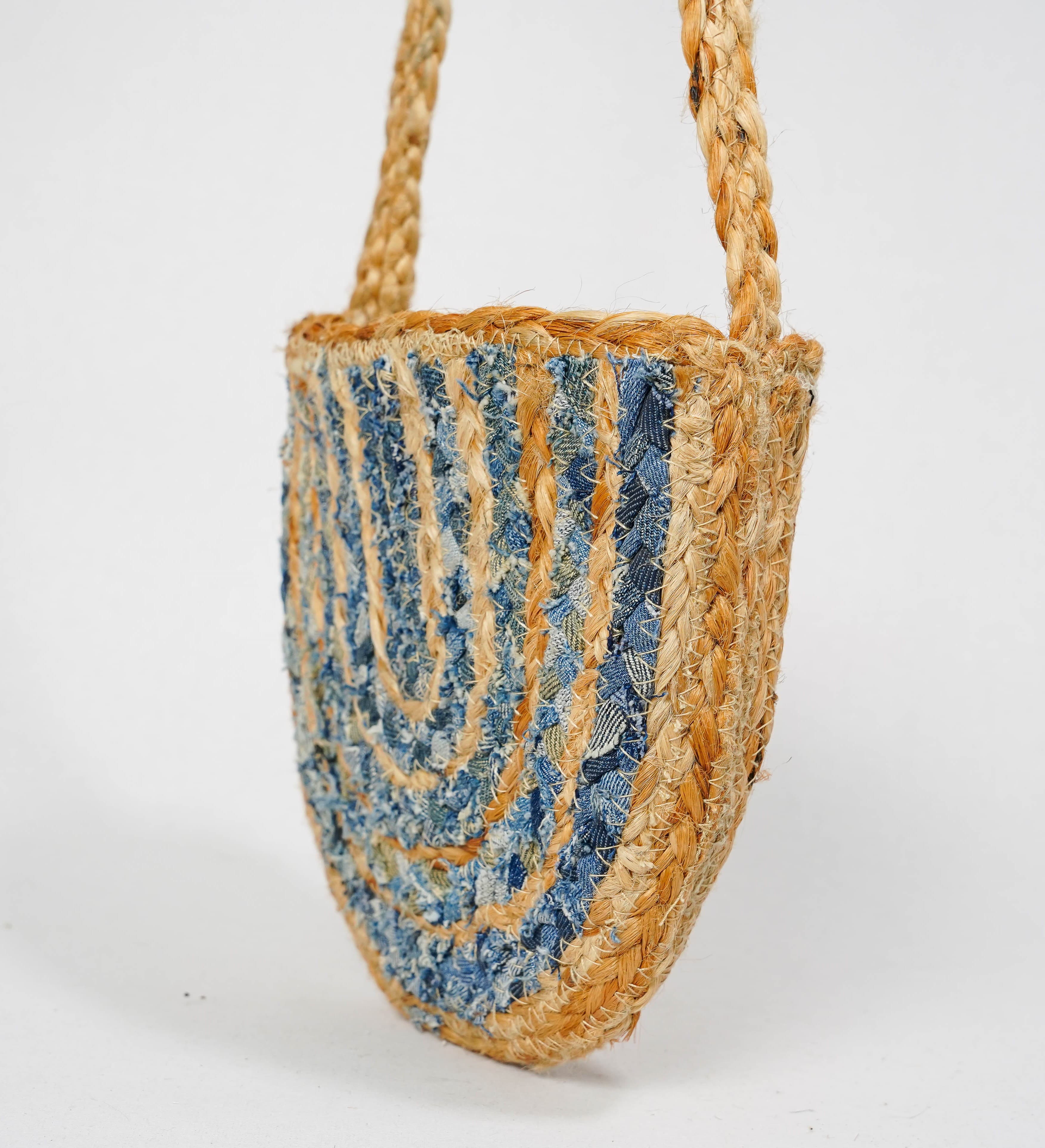 DENIM AND JUTE BRAIDED CROSSBODY BAG