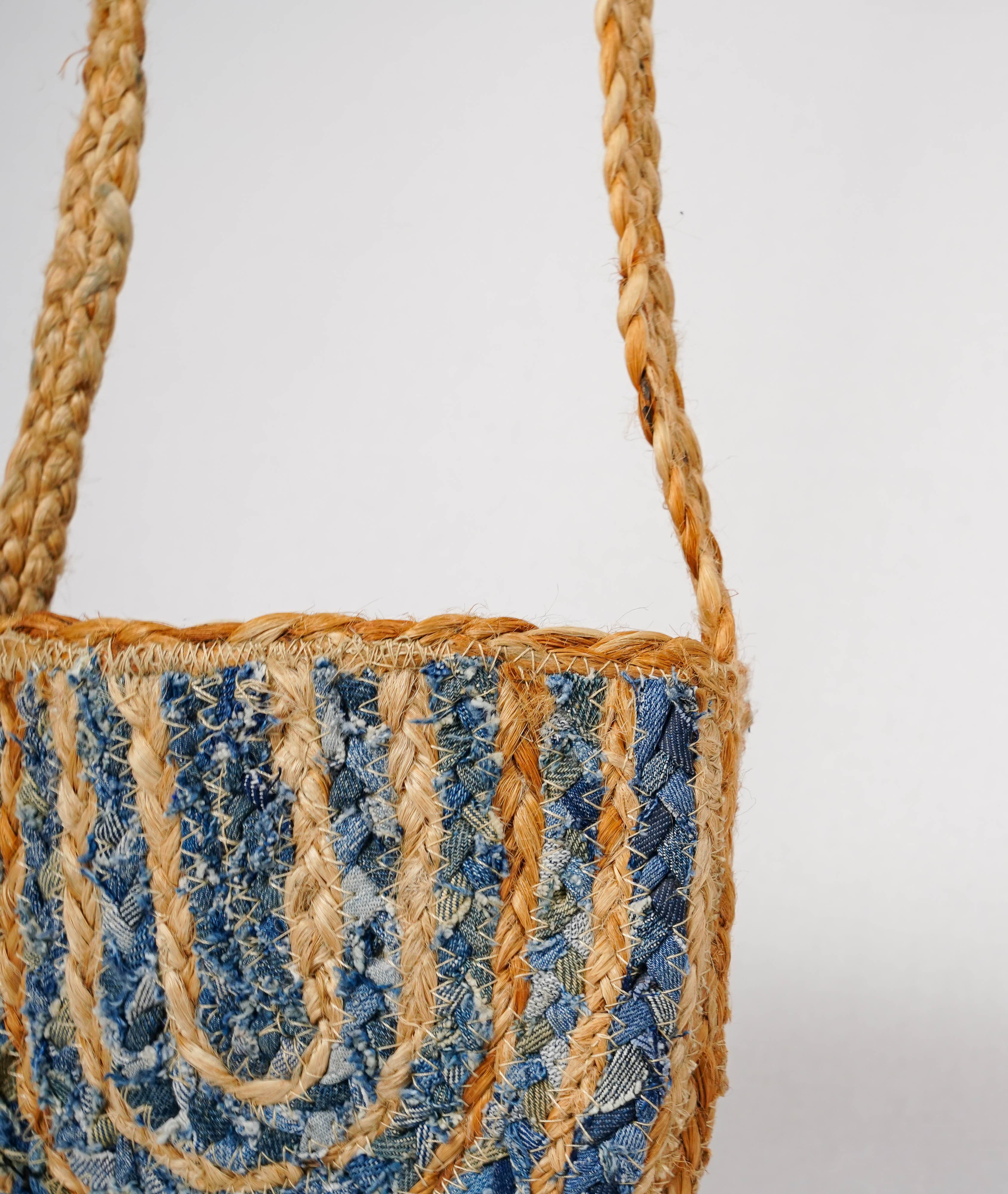 DENIM AND JUTE BRAIDED CROSSBODY BAG