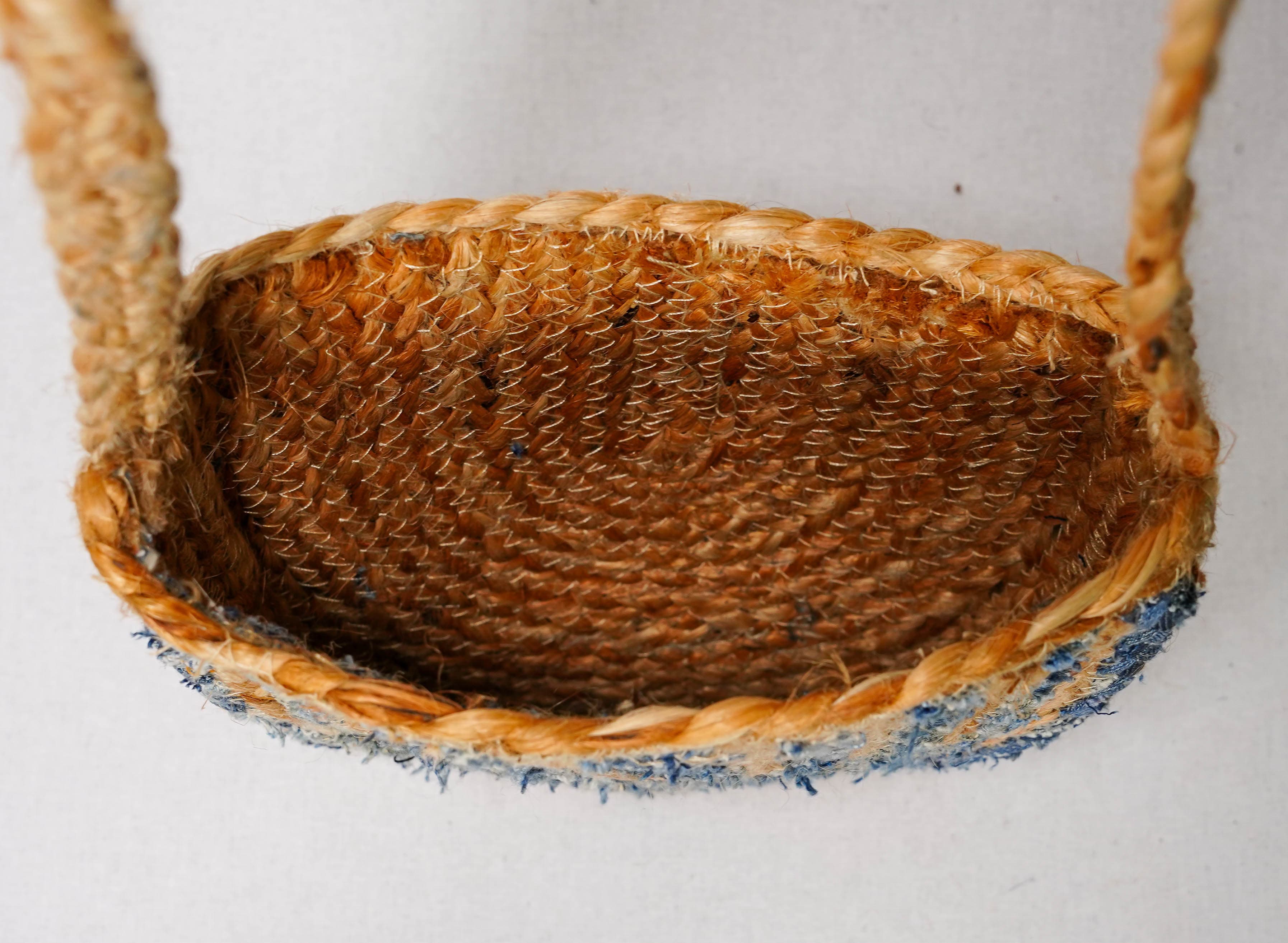 DENIM AND JUTE BRAIDED CROSSBODY BAG