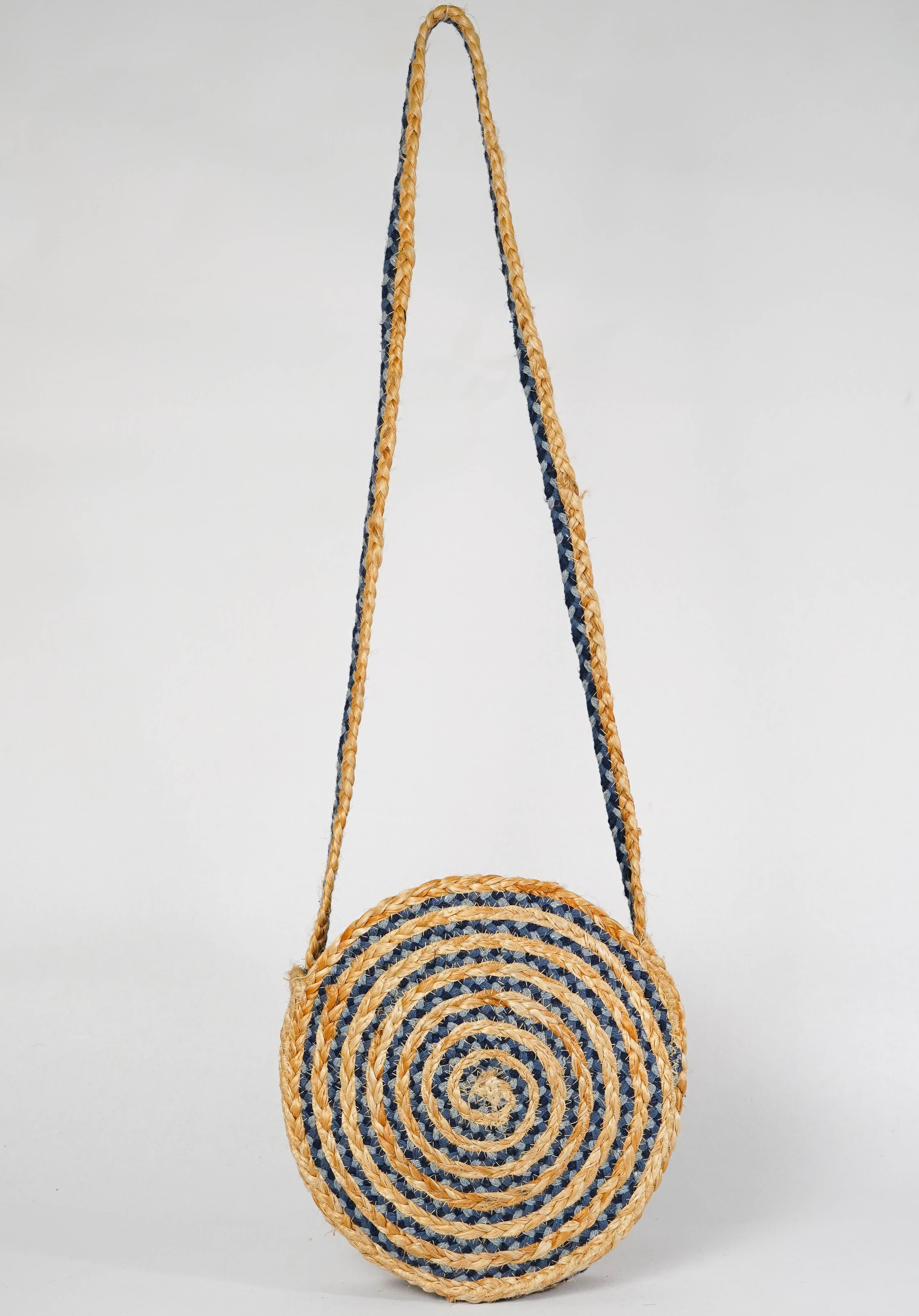 COTTON AND JUTE BRAIDED ROUND CROSSBODY BAG