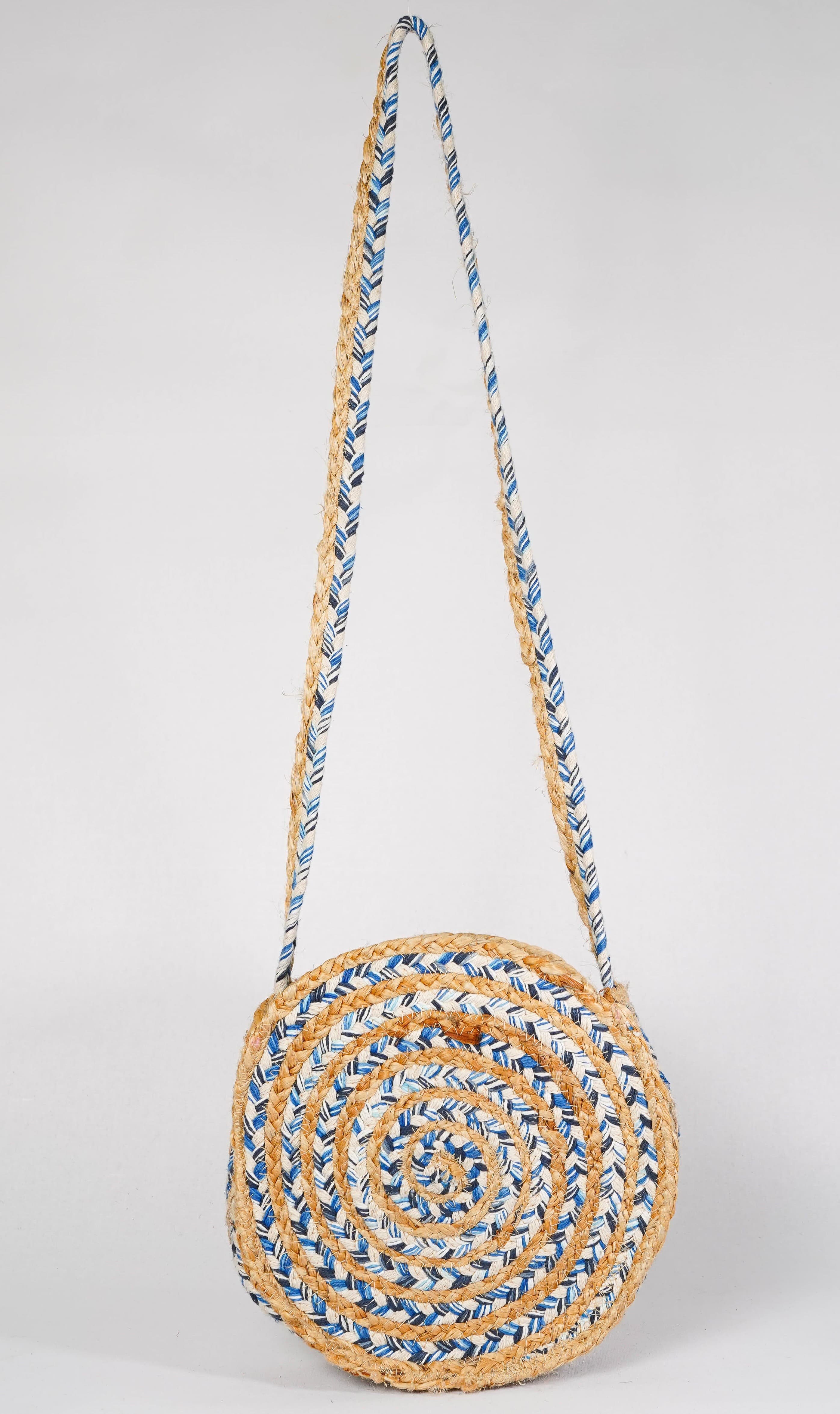 BLUE COTTON AND JUTE BRAIDED ROUND CROSSBODY BAG