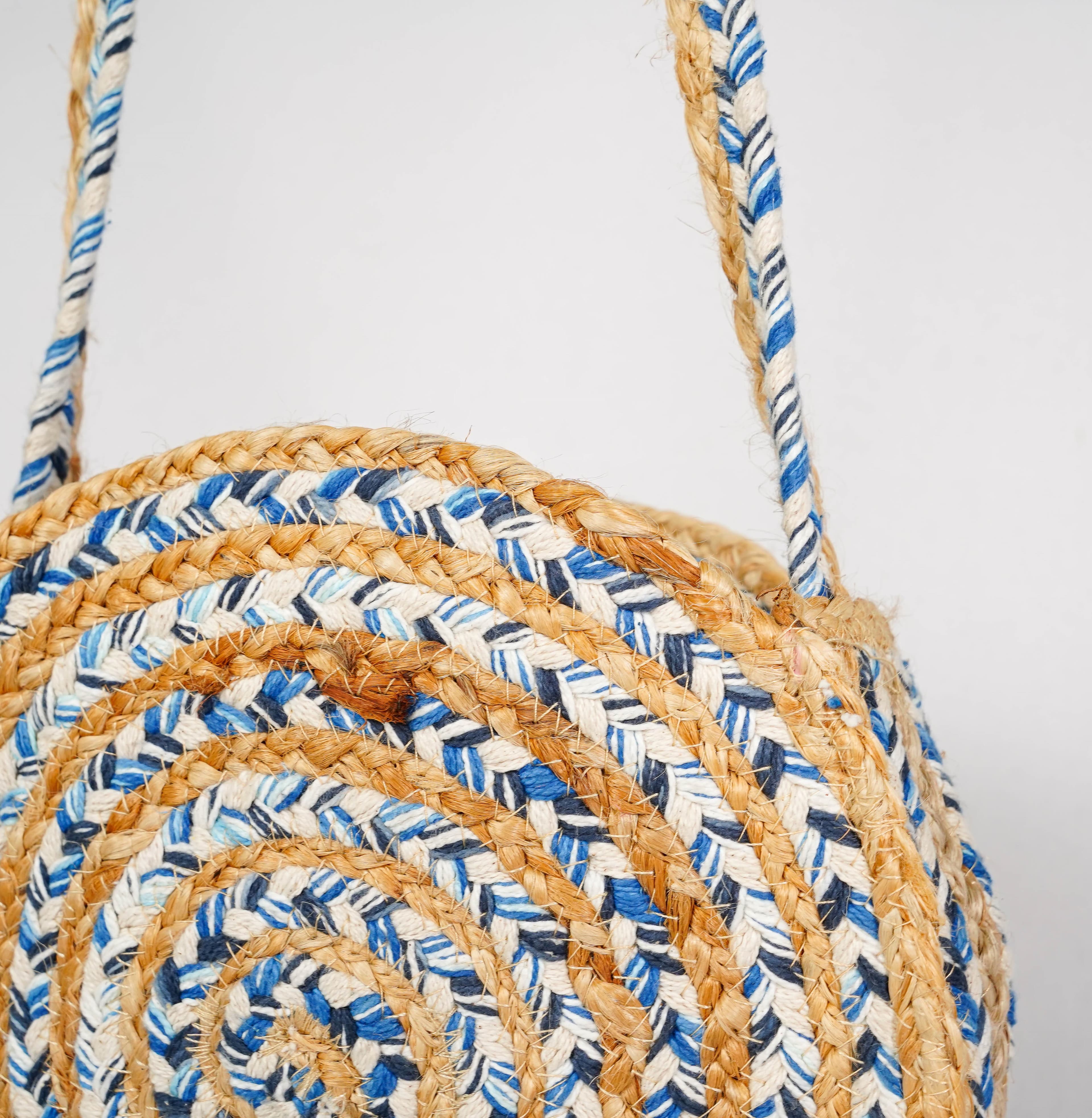 BLUE COTTON AND JUTE BRAIDED ROUND CROSSBODY BAG