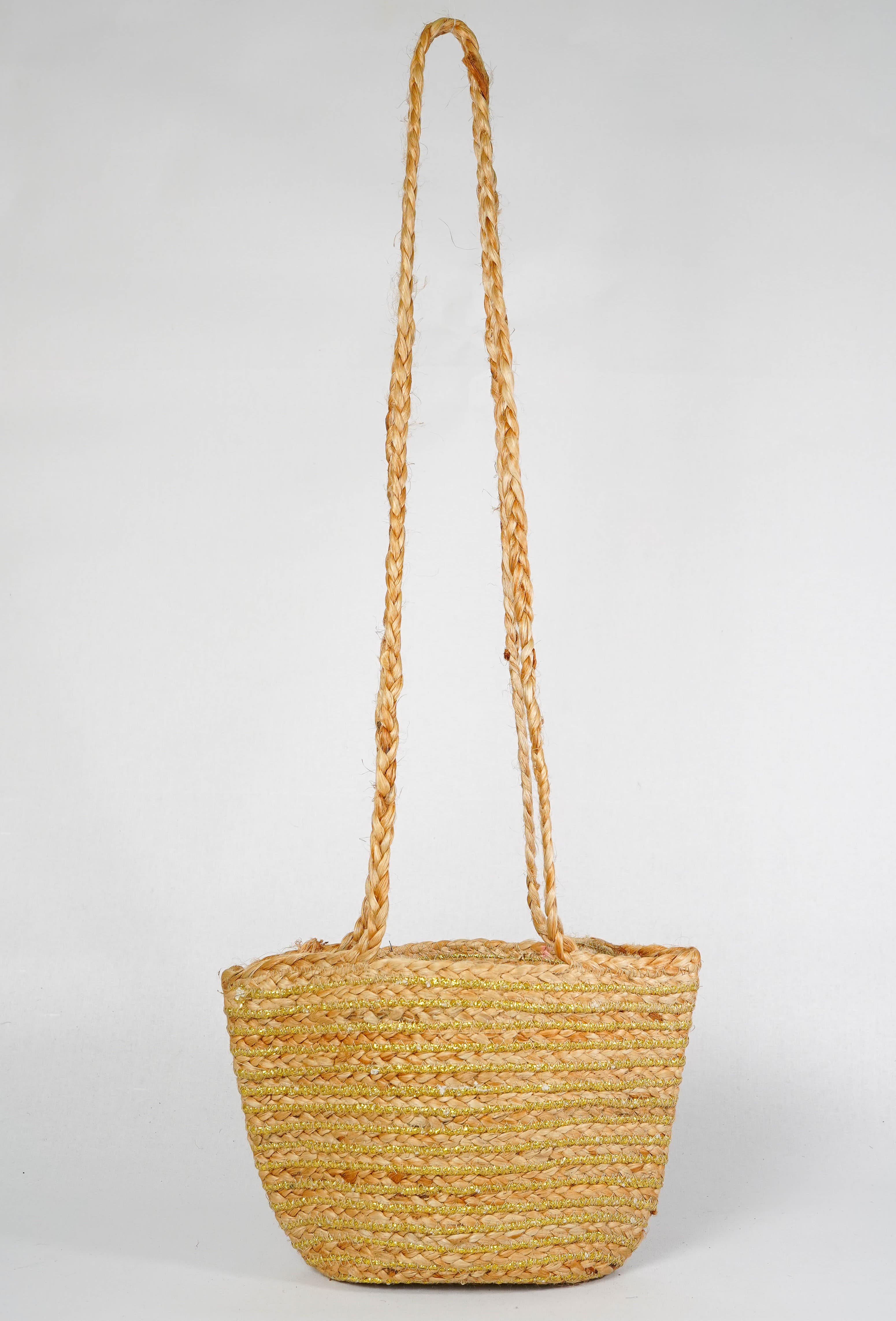 GOLDEN AND NATURAL JUTE BRAIDED  CROSSBODY BAG
