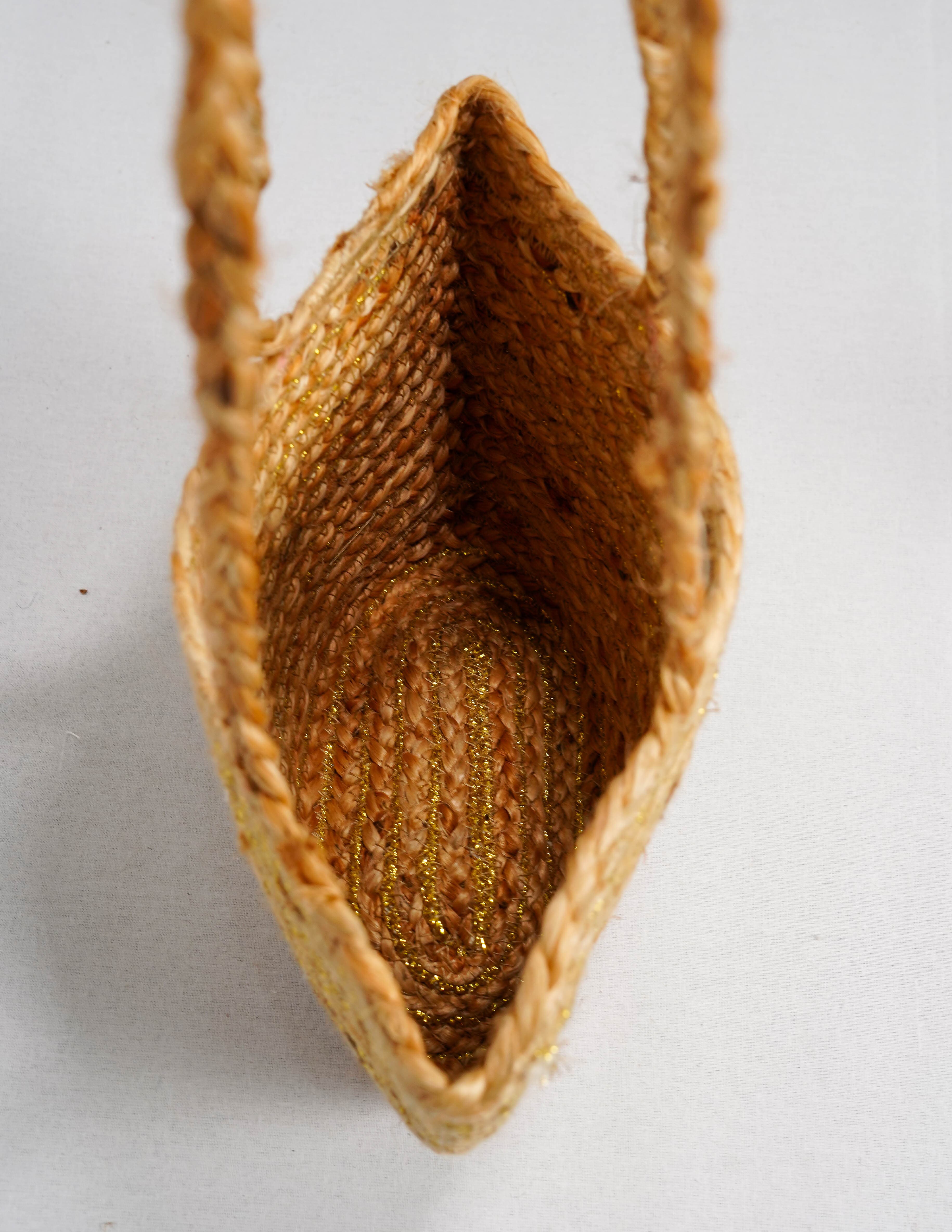 GOLDEN AND NATURAL JUTE BRAIDED  CROSSBODY BAG