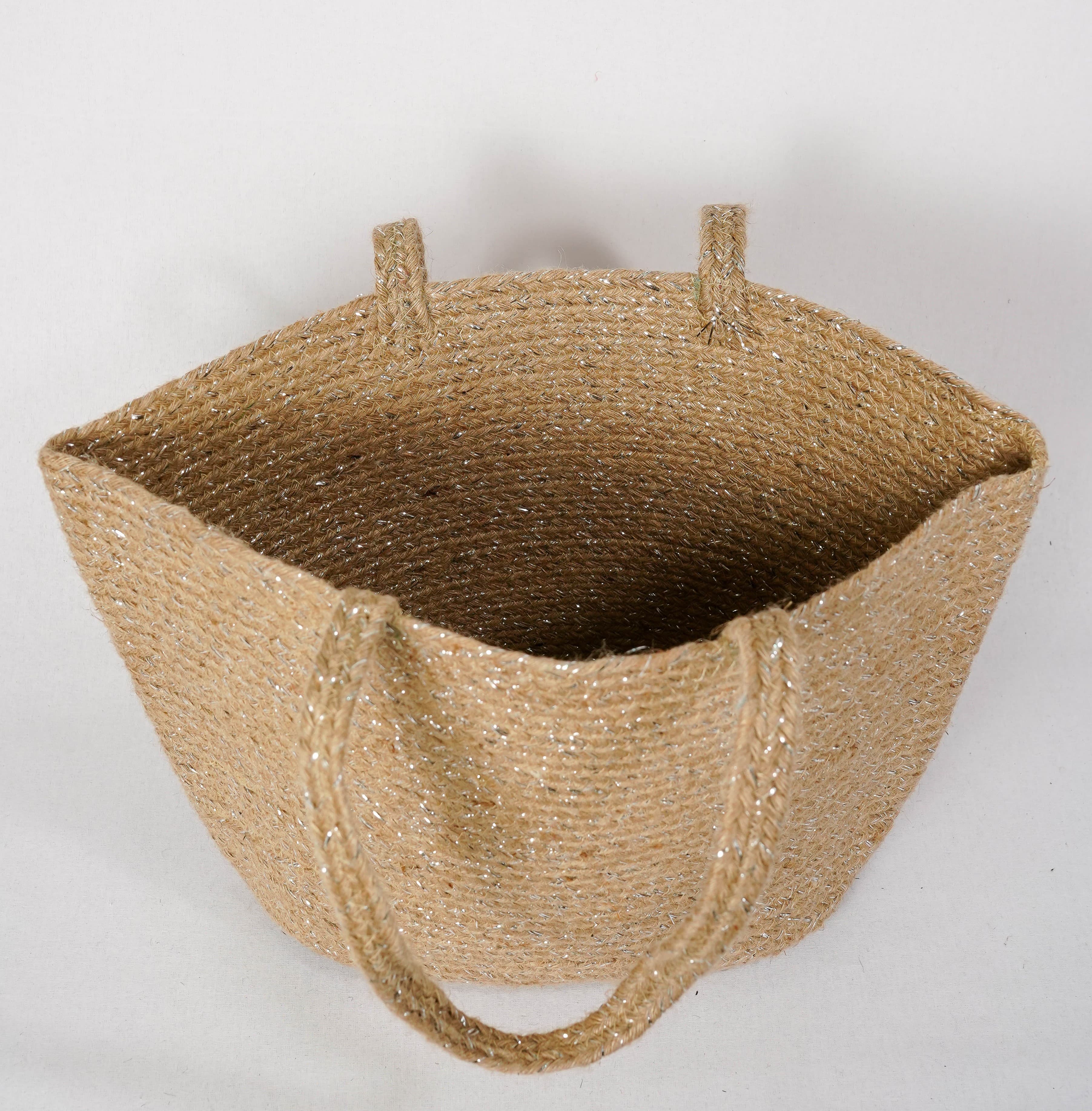 SILVER AND NATURAL JUTE BRAIDED TOTE BAG