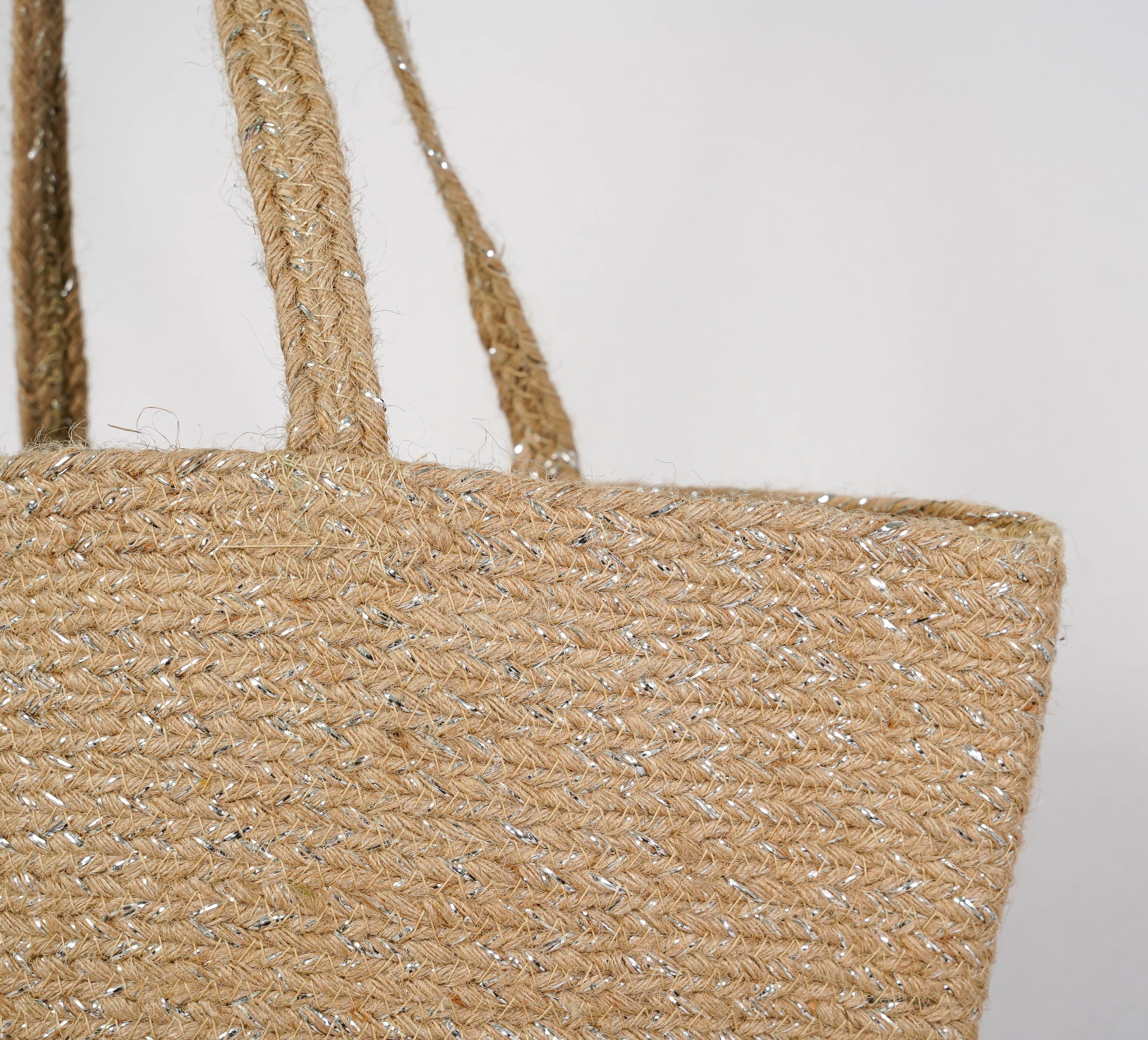 SILVER AND NATURAL JUTE BRAIDED TOTE BAG