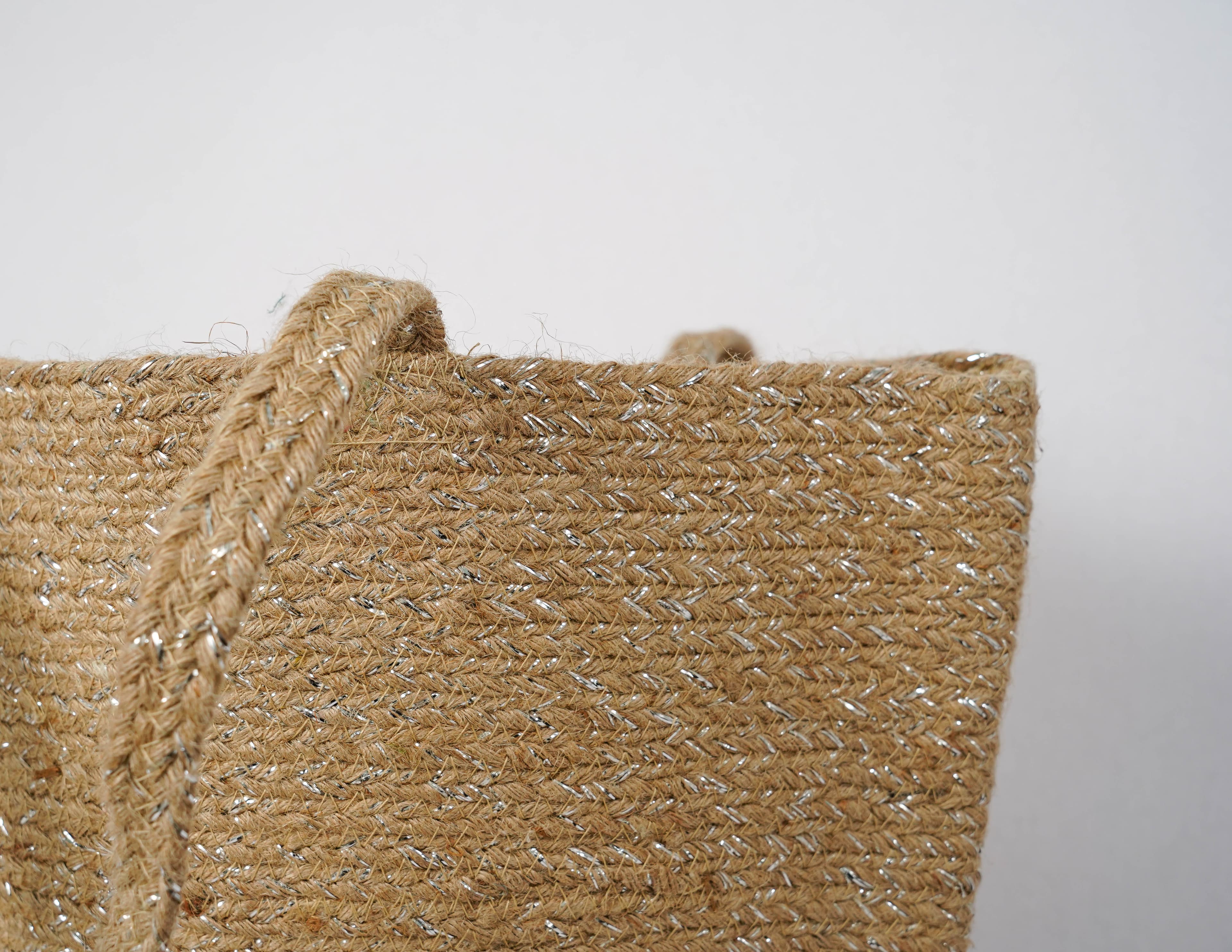 SILVER AND NATURAL JUTE BRAIDED TOTE BAG